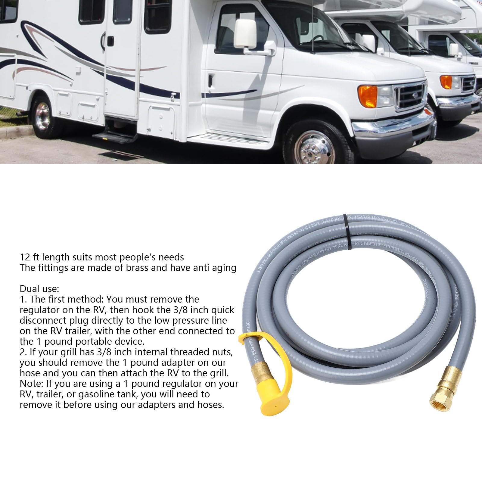 Manguera de Gasolina de Rv de Goma de 12 Pies, Accesorios de Manguera de Extensión de Gasolina RV con Mango de Giro Manual para Fogatas, Parrillas de Barbacoa, Sarténes, Fumadores