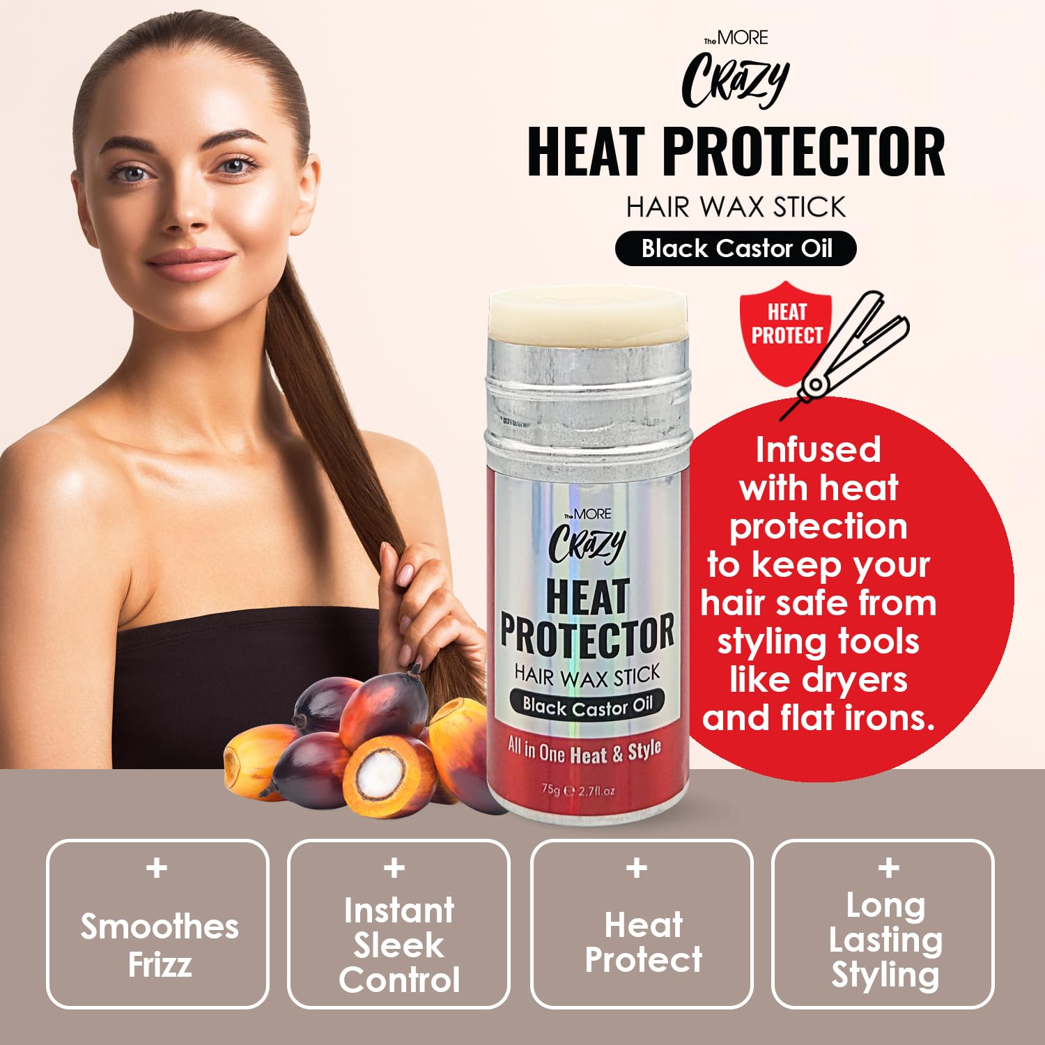 Hair Wax Stick – All-in-One Heat Protector & Styling Wax, Anti-Frizz, Long-Lasting Hold for Wigs & Natural Hair (75g, Black Castor Oil)