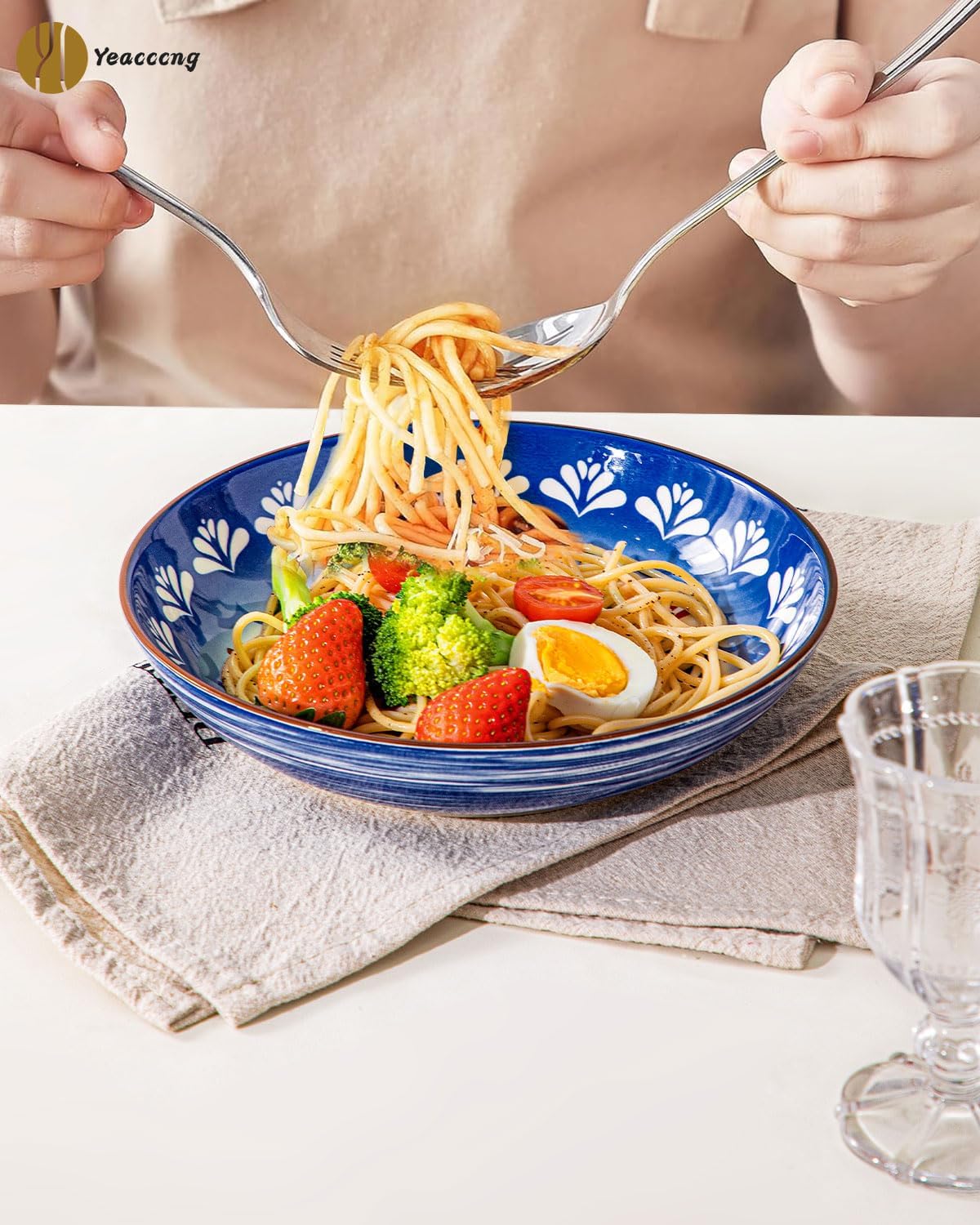 Yeacccng Bohemian Pasta Bowls Set of 6, 8.5 Inch 35 Oz Ceramic Serving Bowls, Brown Color Block Design, Lead-Free Cadmium-Free, Dishwasher Microwave Oven Safe, Scratch-Resistant Salad Soup Bowls