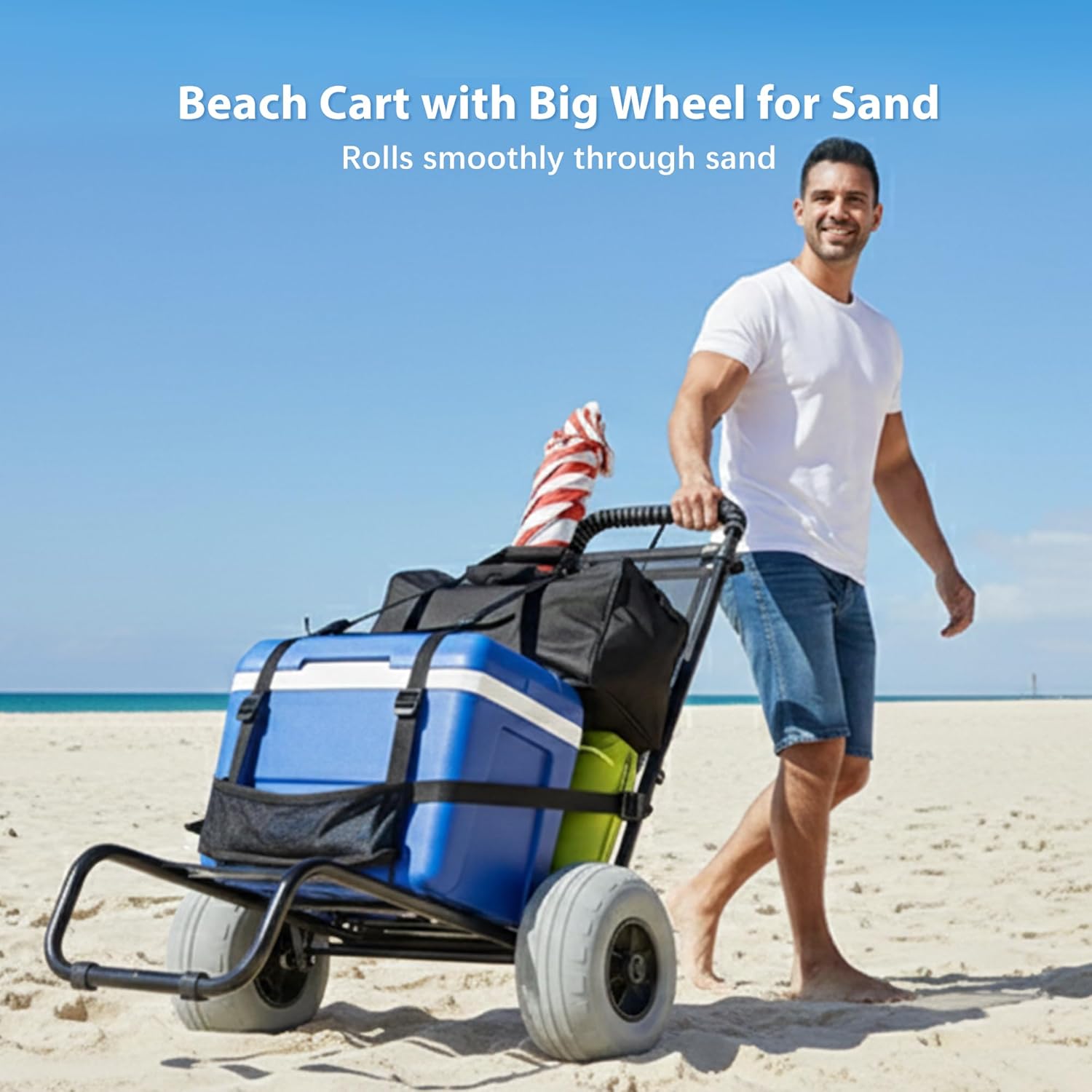 SUNNYFEEL Beach Cart with Big Wheels for Sand, 9” Inflatable Balloon Wheels, Foldable 2-Wheel Beach Trolley for Beach Outdoor Camping Garden (Black)
