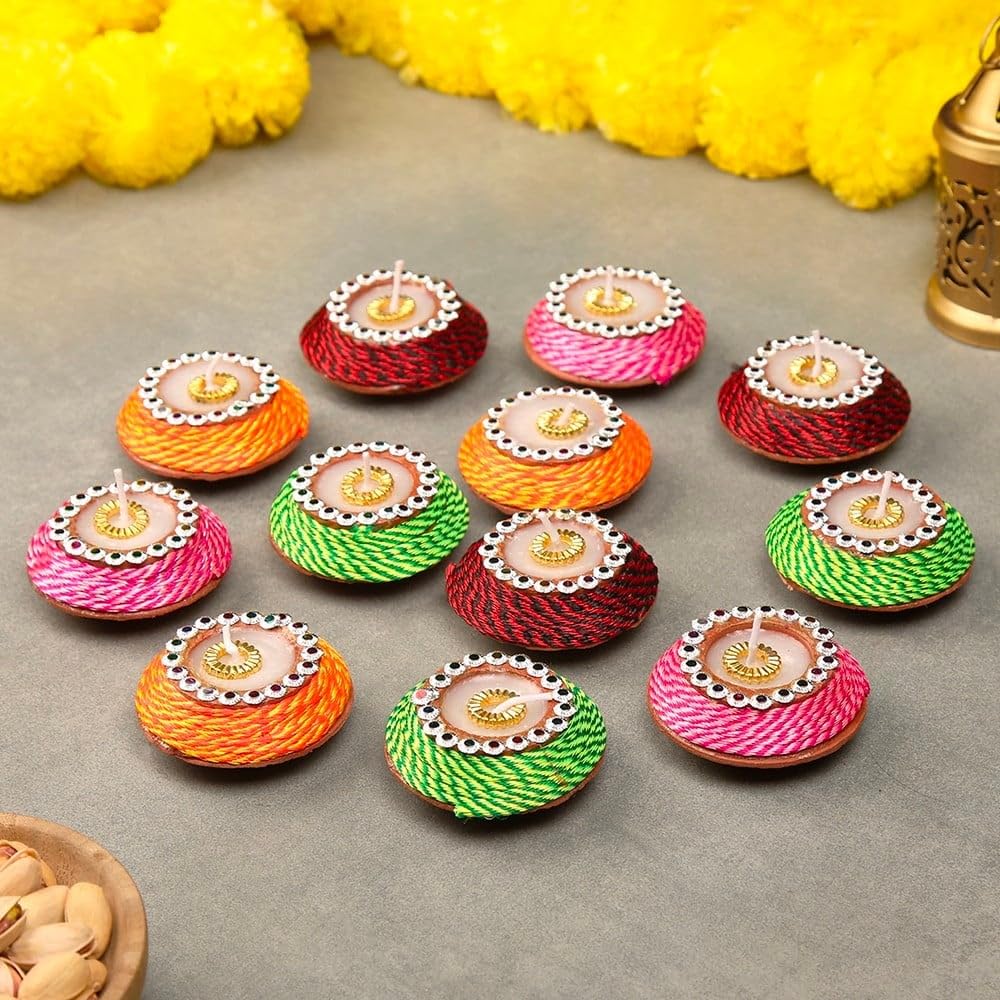 TIED RIBBONS Set of 12 Decorative Handmade Clay Wax Filled Matki Diyas Diya