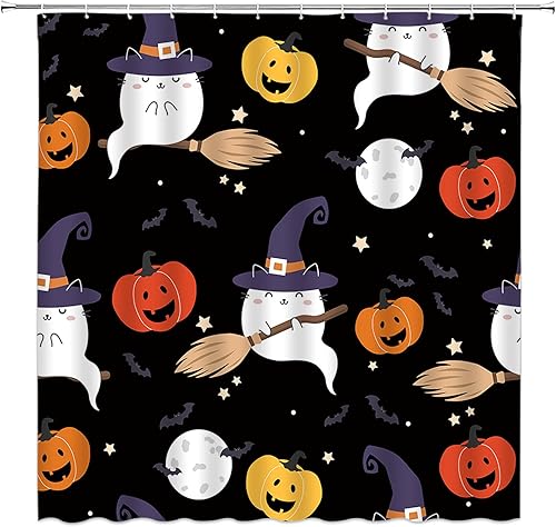 Cortina de ducha de fantasmas de Halloween, diseño de bruja de dibujos animados, escoba fantasma, calabaza, murciélago, luna, divertida, bonita,