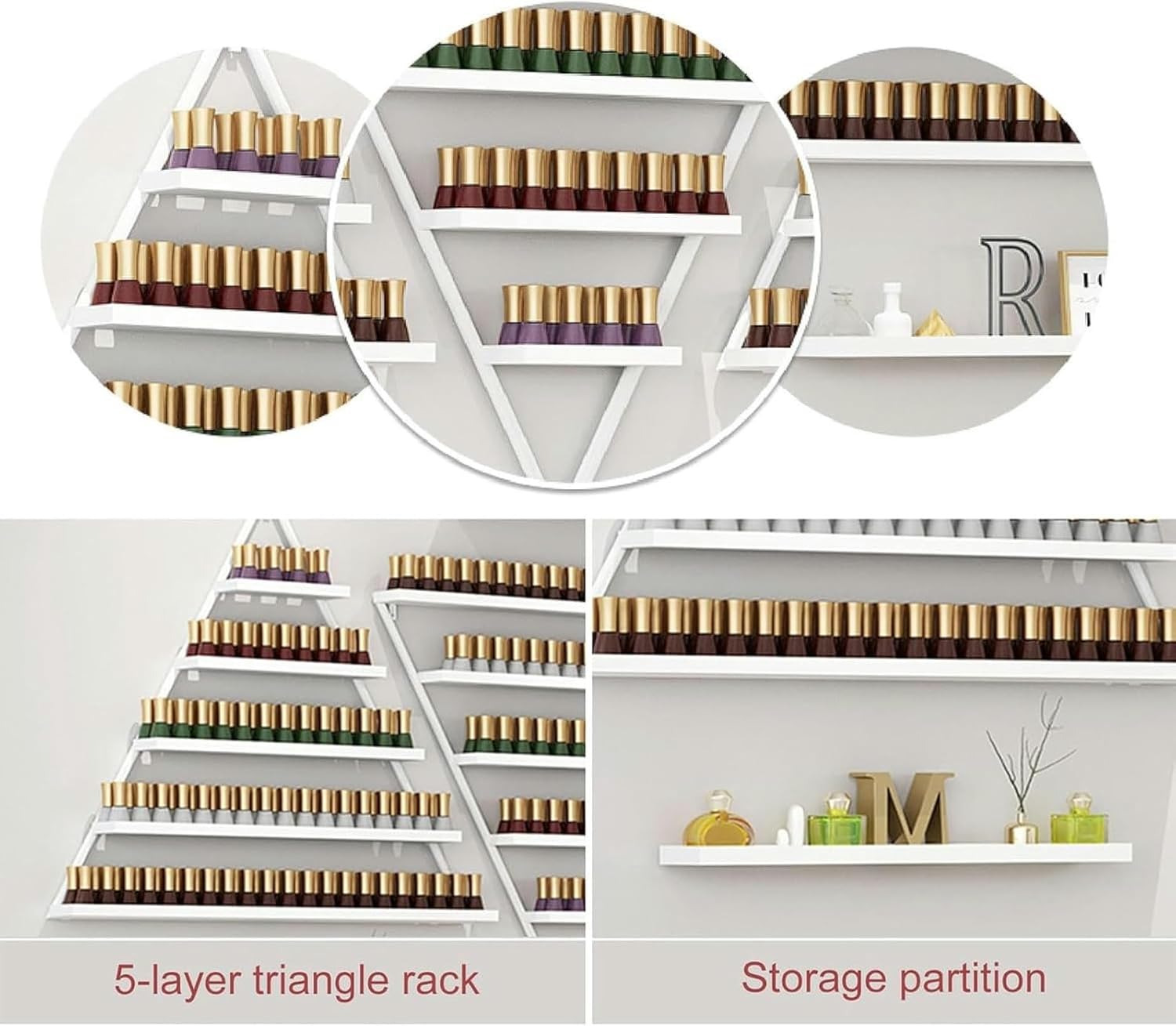 10 PCS Nail Polish Rack Wall, 5 Tiers Gold Triangular Display Rack Cosmetic Display Cases Essential Oil Bottles Shelf Organizer Lipstick Perfume Holder for Home Spa Nail Salon Shop