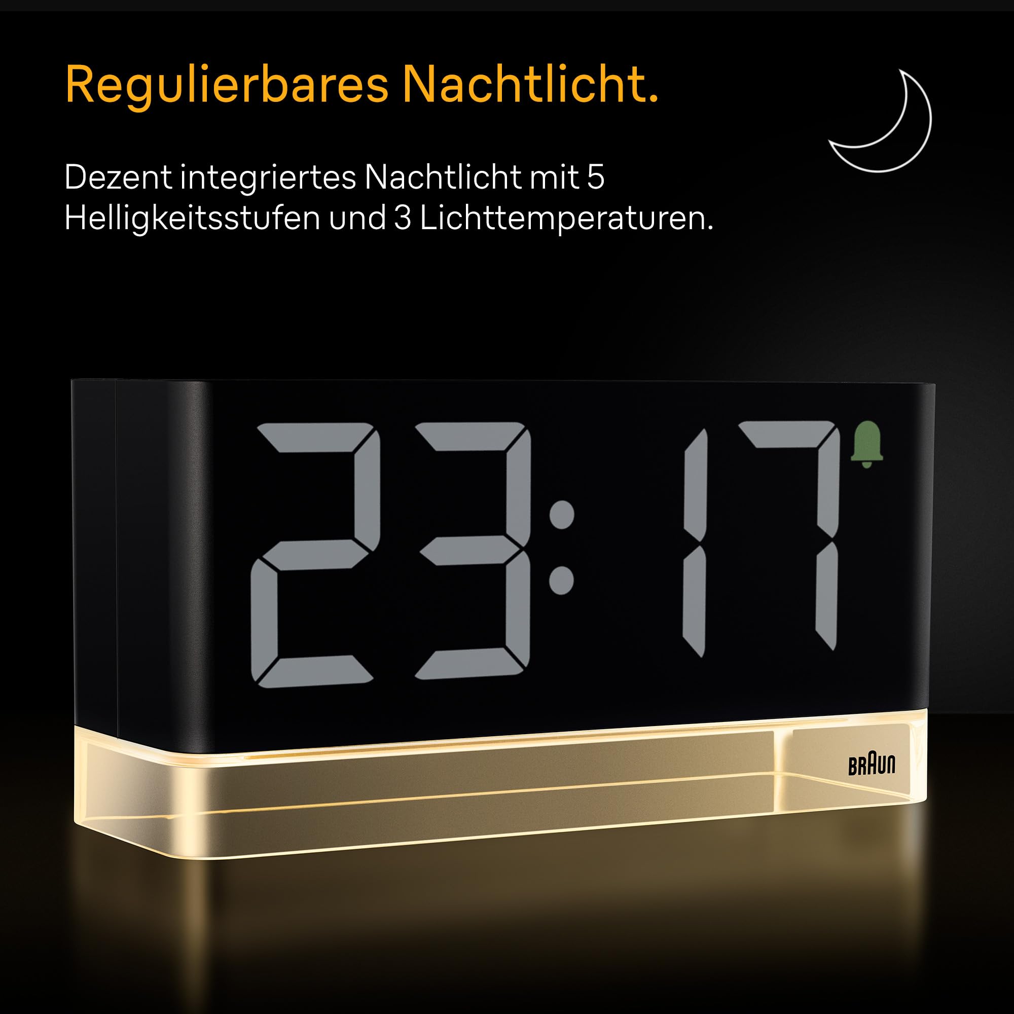 Braun Budzik cyfrowy z dużym wyświetlaczem LED, obszar dotykowy do drzemki, szybkie ustawienie, regulowana nocna lampka, alarm dźwiękowy, kolor czarny, model BC27B