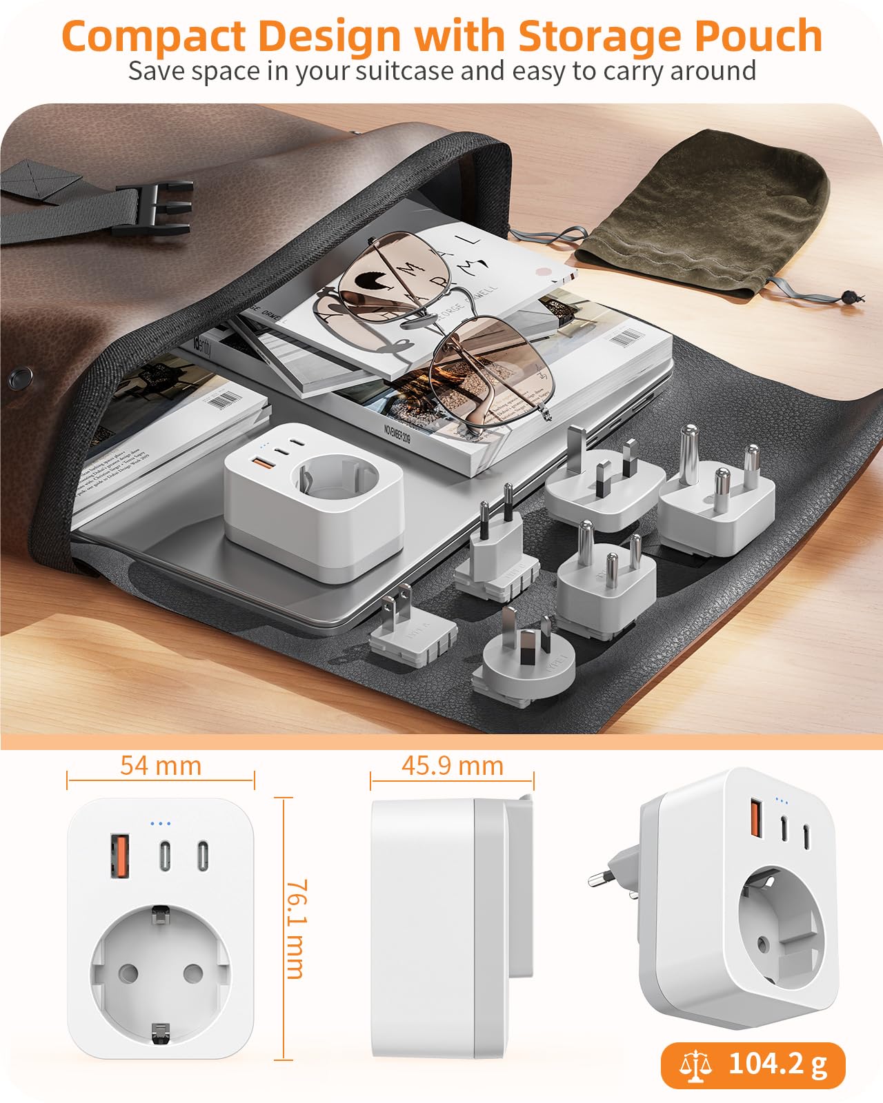 Reiseadapter Weltweites Set, Internationaler Steckdosenadapter mit USB C (PD 20W), 6 Abnehmbare Reisestecker Travel Adapter für Südafrika/JAP/AUS/USA/EU/UK (Weltadapter+6 Aufsatz)
