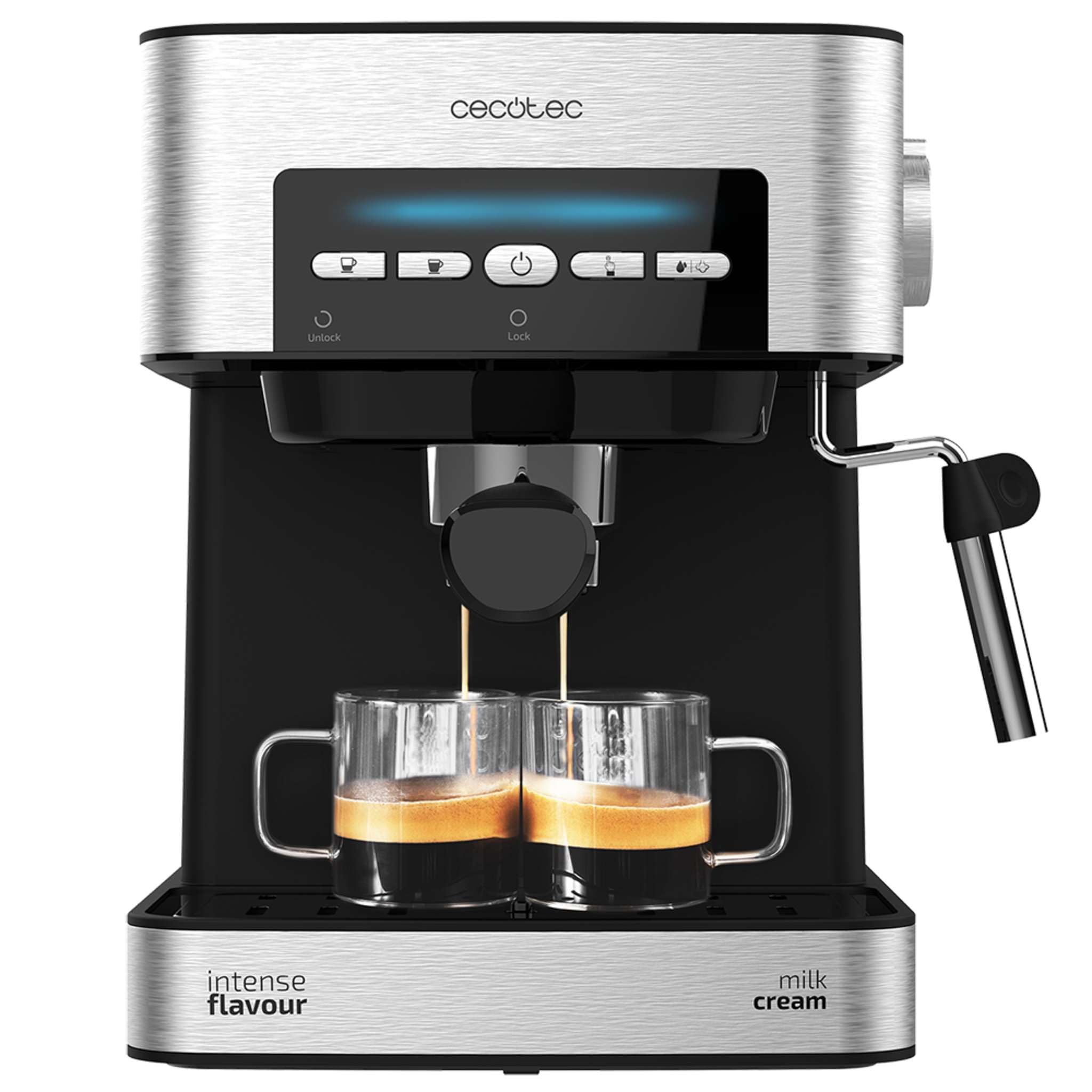 Cecotec Cafetera express Power Espresso 20 Matic. 850 W, 20 Bares, 1,​5L, Brazo Doble Salida, Vaporizador, Superficie Calientatazas, Mandos Digitales, Acabados en Acero Inoxidable, Negro/​Plata