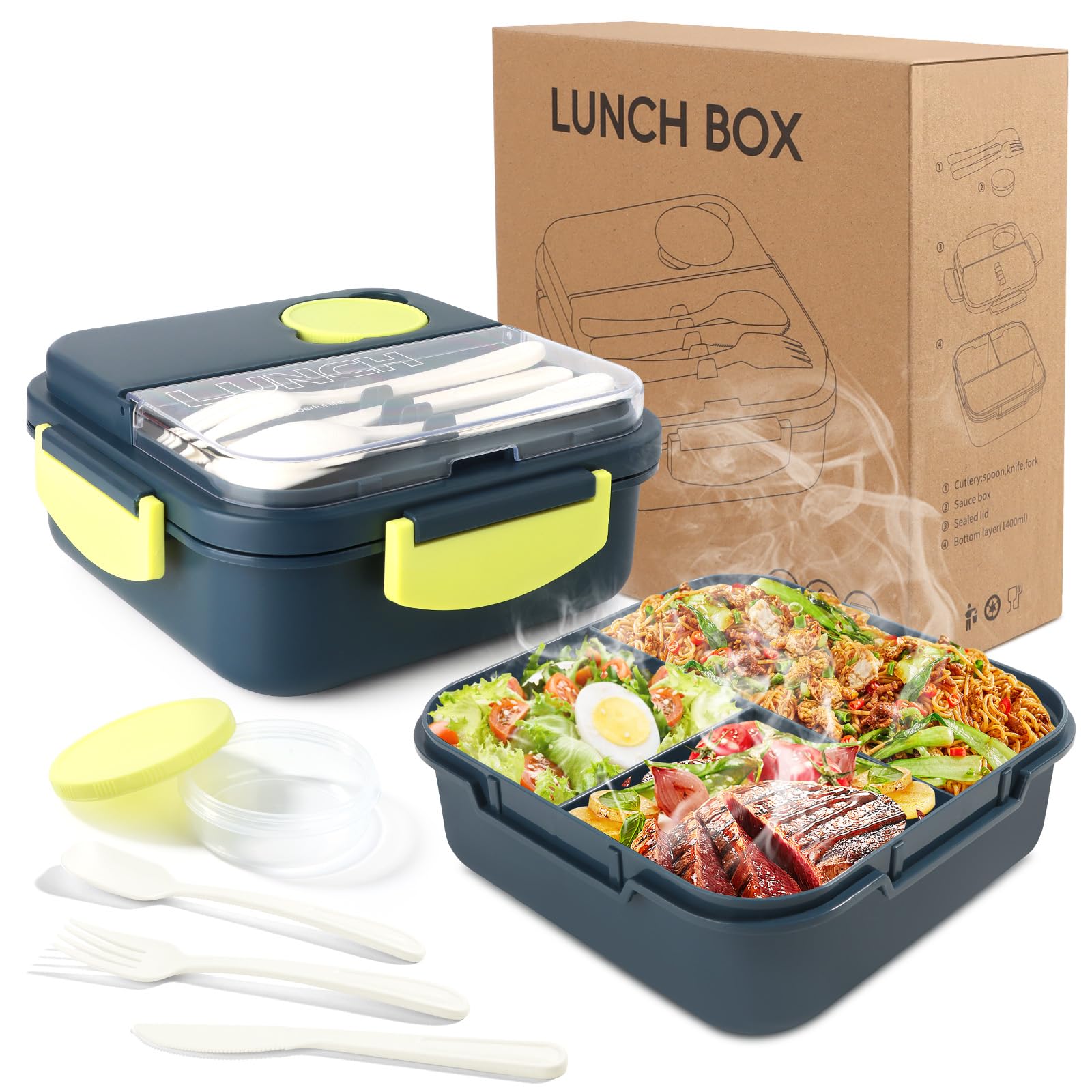 Yirochan Single Layer Bento Box with 3 Compartments, 1400ml Lunch Box with Cutlery Set, Portable Dinner Snack Boxes Food Containers for School Work Men Women Students Microwave Dishwasher Safe (Blue)