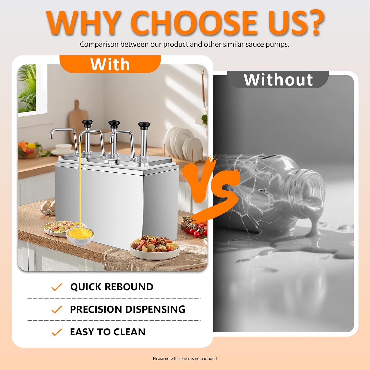 Stainless Steel Ketchup Pump Dispenser - Commercial Condiment Pump with Measuring Cup, Large Capacity for Sauce, Honey, Syrup, Mustard, Cheese(3 Pump Head, 3.17 Quart Each)