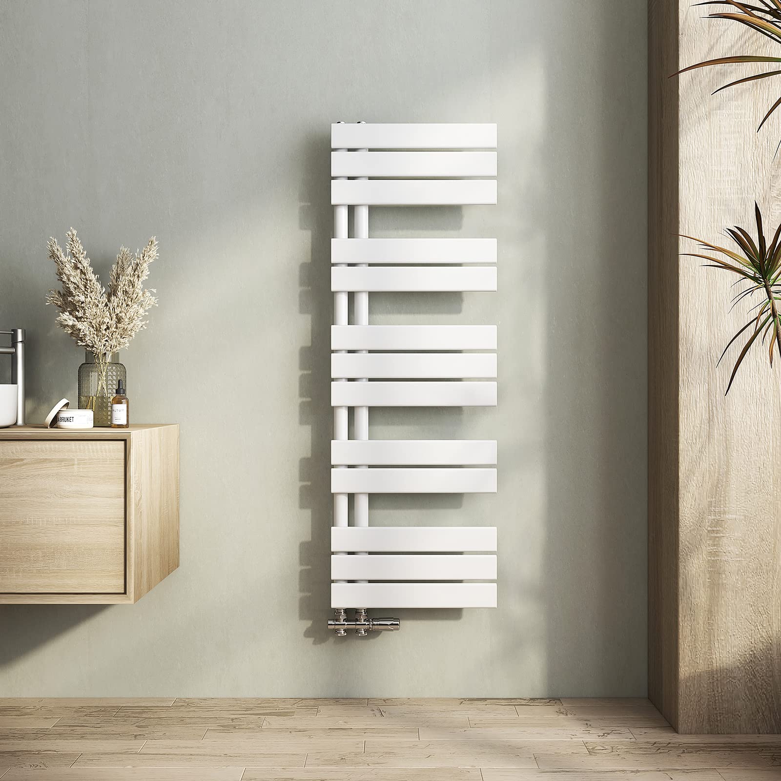 Heilmetz Radiador toallero de Tubo Plano 400 x 1176mm, radiador toallero electrico baño Caliente de una Cara, conexión Lateral para toallero de Agua Caliente,Blanco