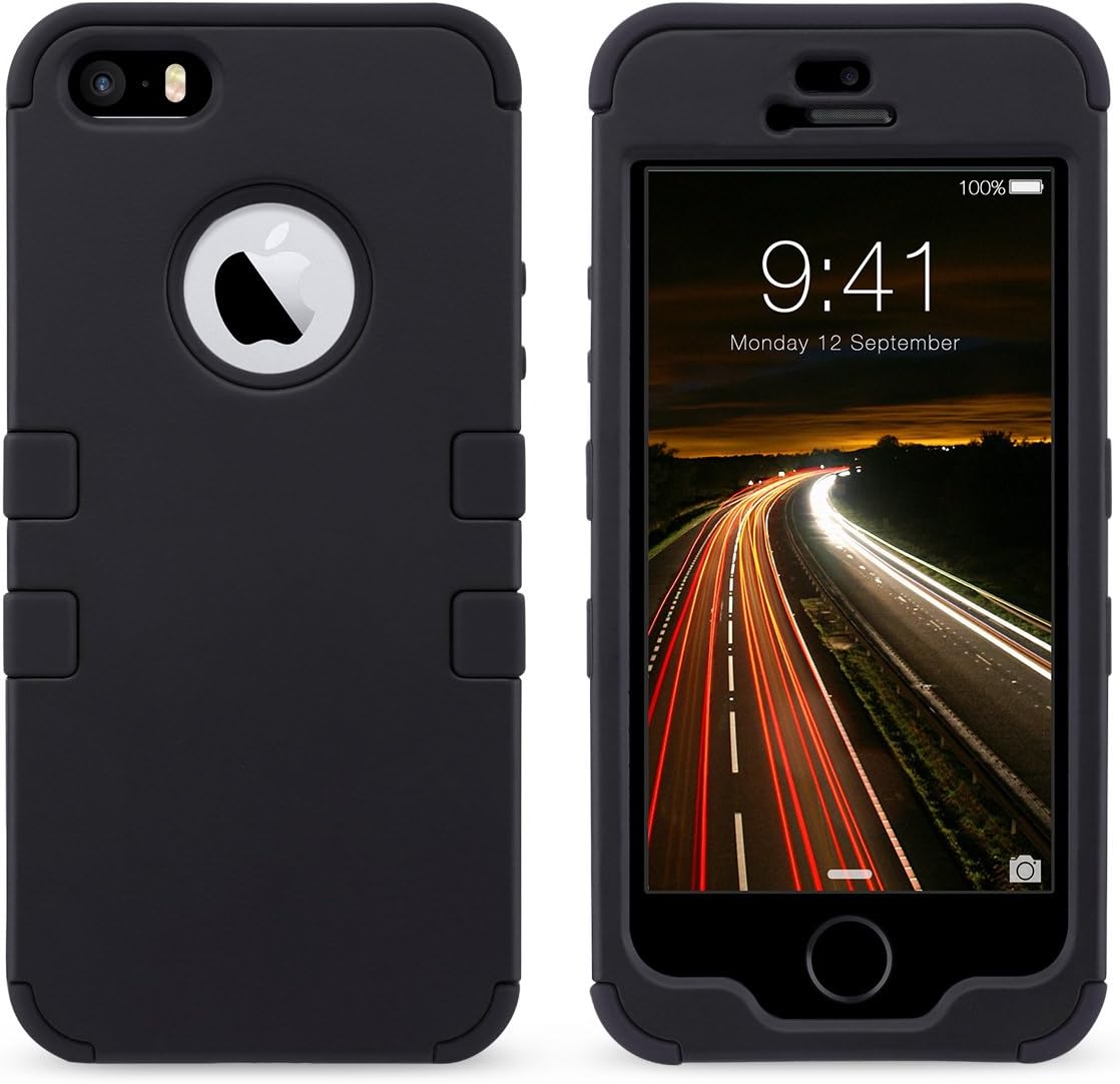 ULAK iPhone 5S Case,Black iPhone 5 SE Case, Anti Slip Shock Resistance Protective Cover with Hybrid High Soft Silicone + Hard PC Case for Apple iPhone 5/5S/SE (Black+Black)