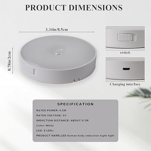 Miniatura 8 de Nurluce Luces nocturnas de baño, sensor de movimiento, paquete de 4 unidades, inalámbricas, de larga duración, adhesivas, no caídas, recargable,