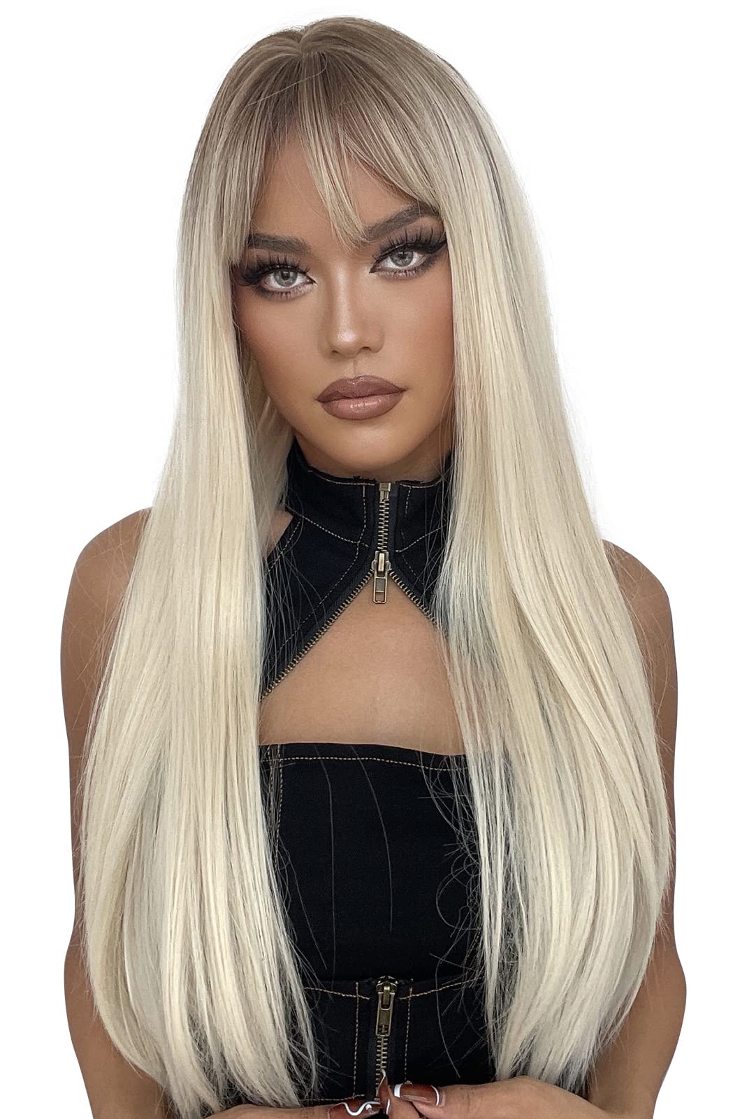 Wigs Human Hair Blonde Gradient Wig with Bangs Brown Gradient Gold Synthetic Wig with Wig Cap Comb Party Costume Wig