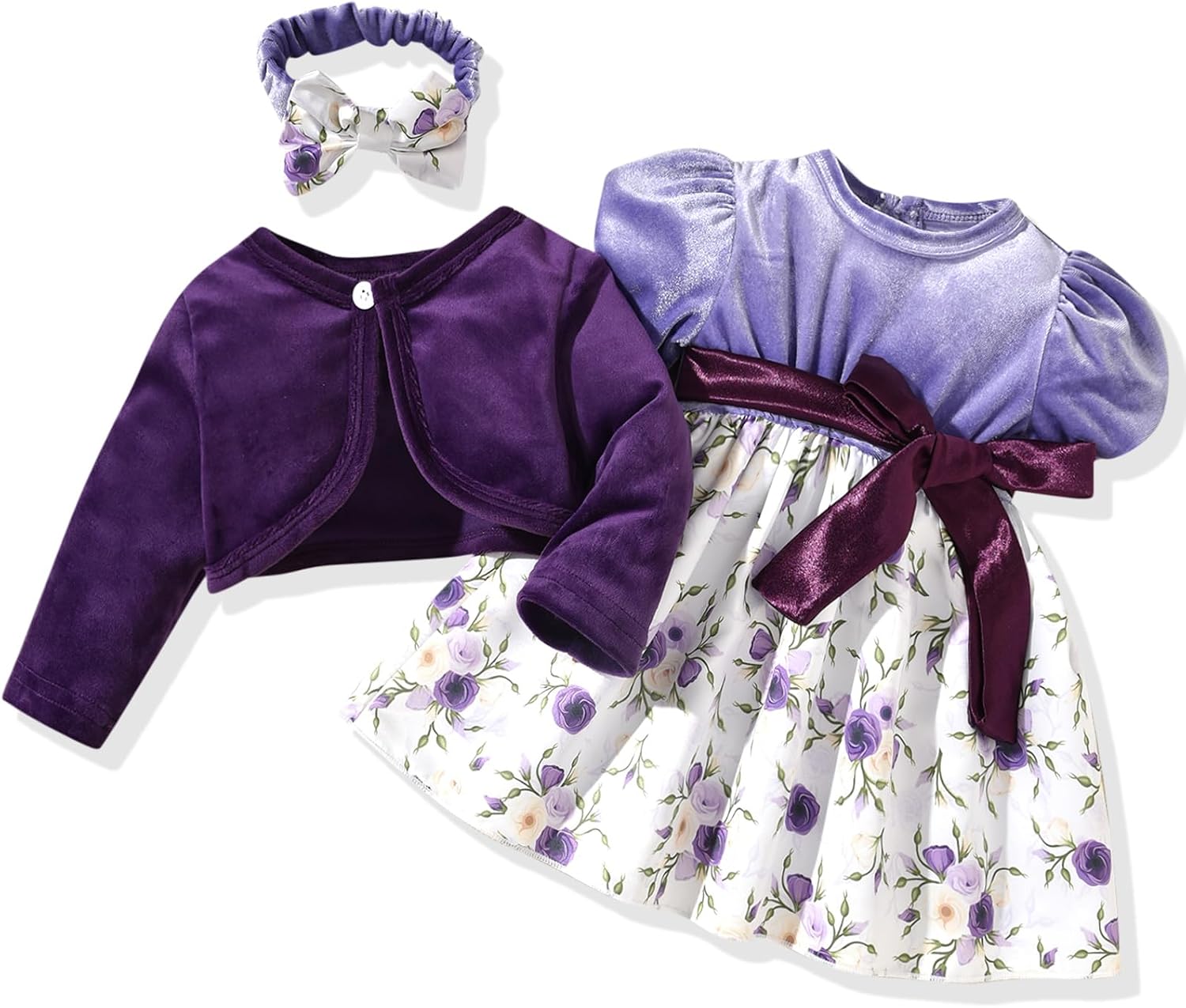 fioukiay Baby Girls Dress and Velvet Cardigan Sets Infant Girls Casual Floral Print Fall Dresses Winter with Headband