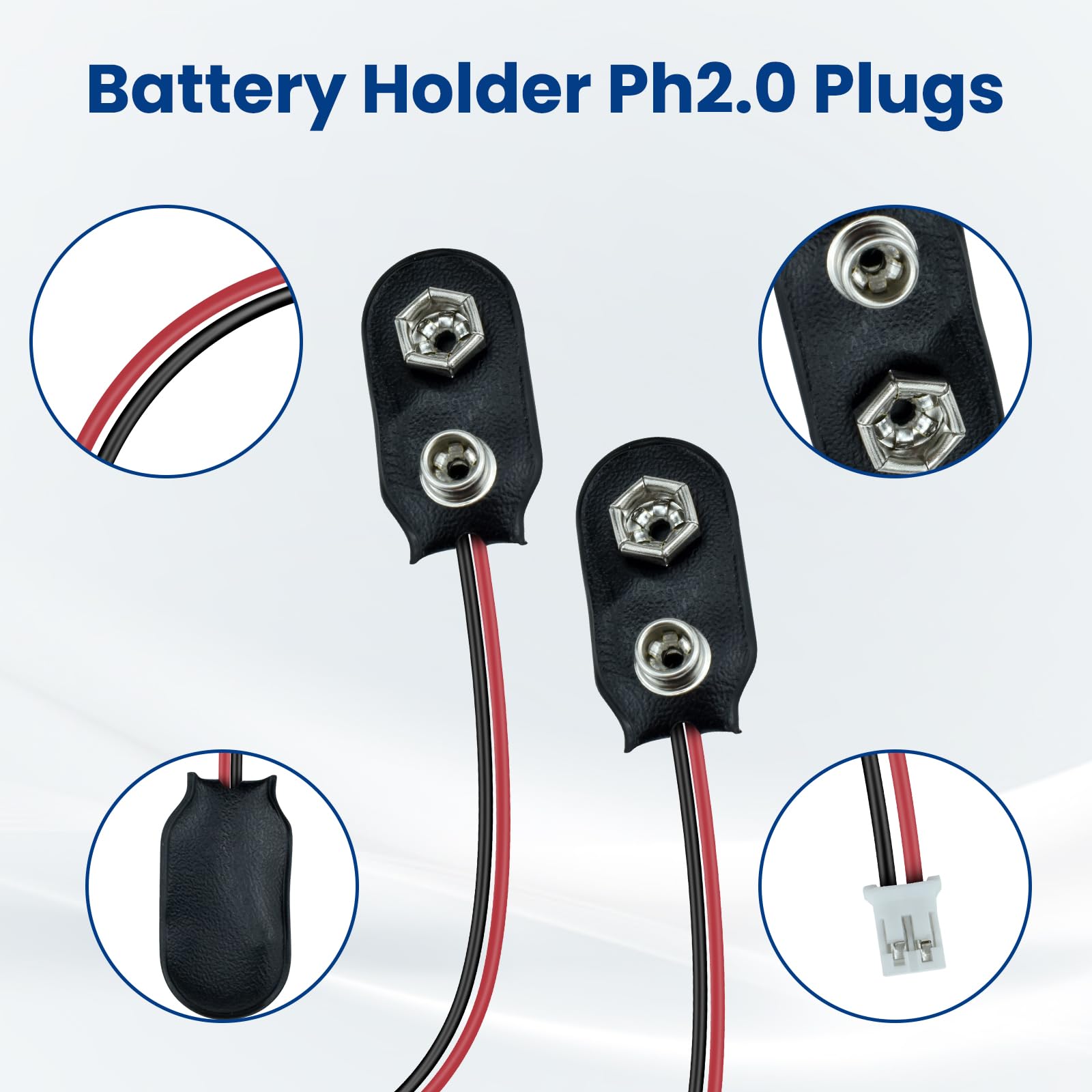 9 V Batterie-Schnappverschluss auf 2-poliges PH2.0-Anschlusskabel, 9-V-Batterie-Clip-Anschluss, I-Typ-9-Volt-Batterie-Clip, Hartschnalle, Kunststoffgehäuse mit 15 cm langem Kabel, 4 Stück