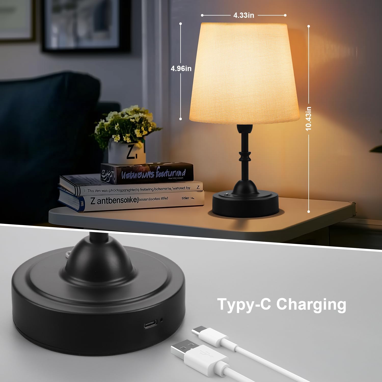 Swinerton Portable Cordless Table Lamp, 5000mAh Rechargeable Battery Operated Bedside Lamps, 3-Level Dimmable Nightstand Lamp, Wireless Desk Lamps for Living Room Bedroom Office Patio Restaurants