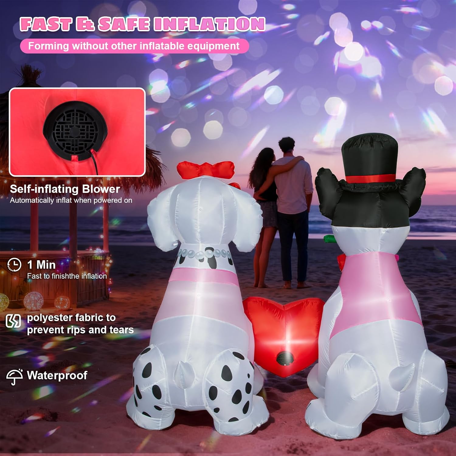 Valentine's Day Inflatable Decorations - 5.2FT LED Light-Up Couple Dogs with Heart & Rose - Blow-Up Outdoor Decor for Romantic Gifts, Anniversaries, Yard,Garden, Balcony
