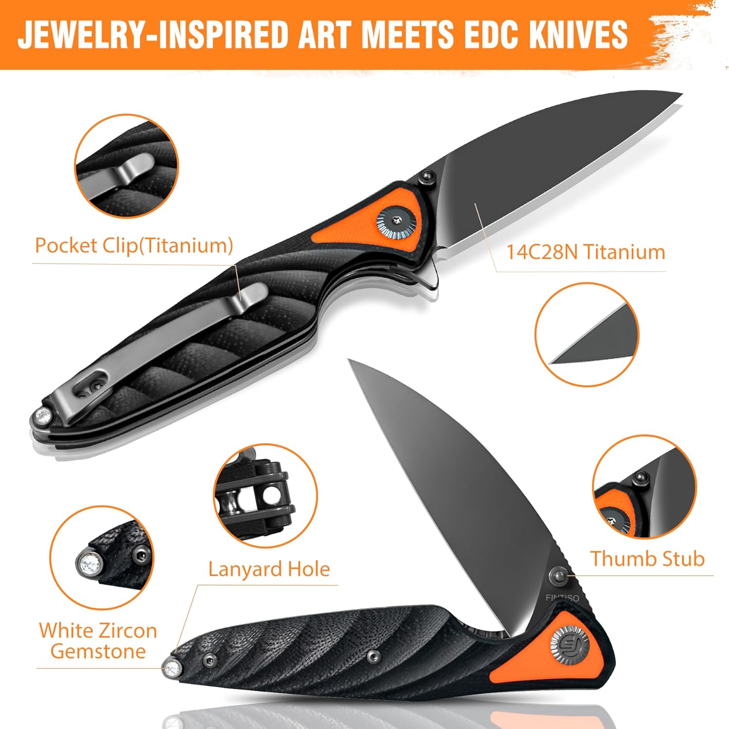 FINTISO Pocket Knife 3.15" Folding Knife Premium 14C28N Blade, Black and Orange G10 Handle Bicolour Design with Liner Lock Pocket Clip for Men Women, Small EDC Knife for Camping, Hunting, Hiking, Survival and Outdoor Activities, Toucans Series