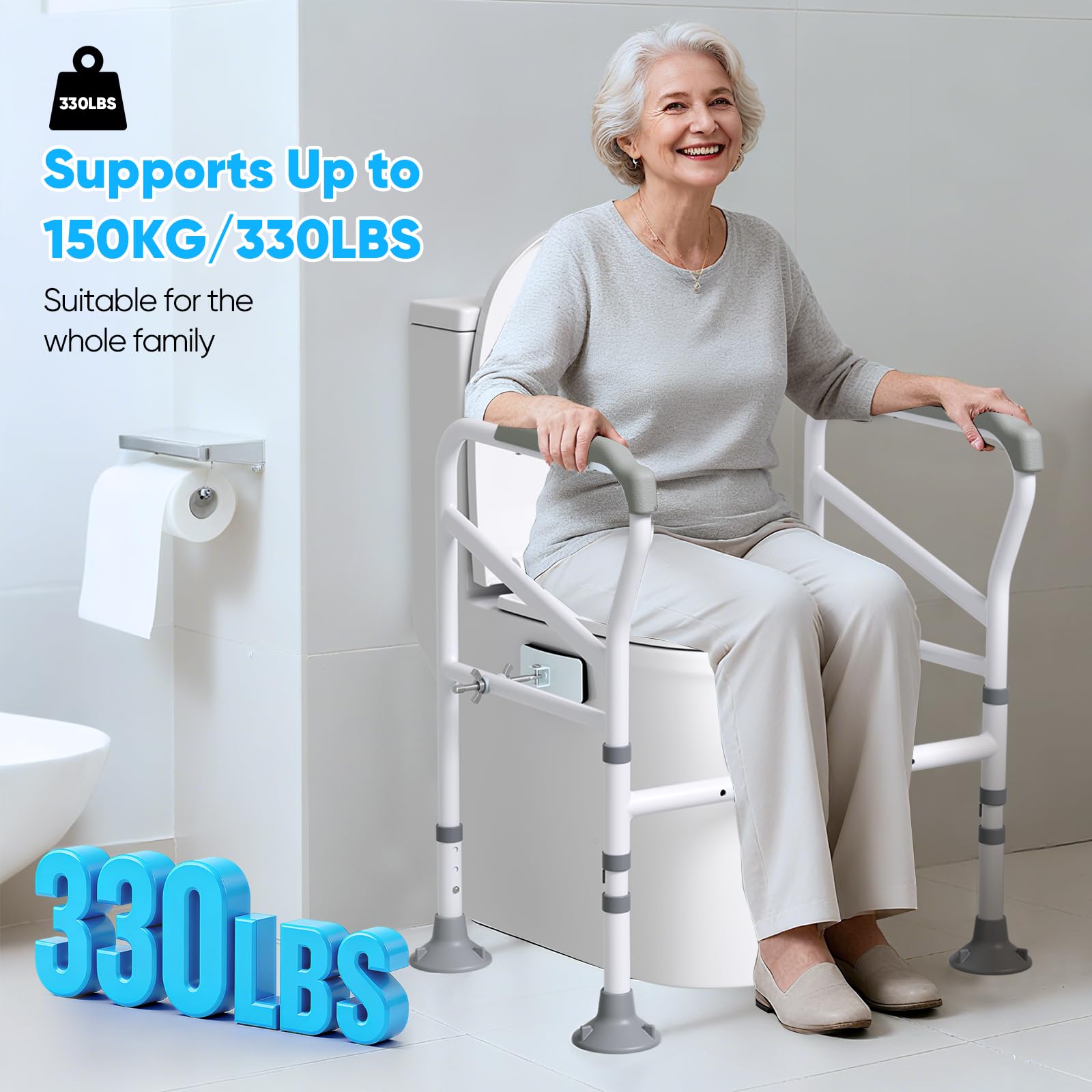 Barre di sicurezza per WC 150 kg/300 libbre, barre per WC regolabili in larghezza e altezza, telaio per WC con grandi ventose, per anziani, disabili e portatori di handicap