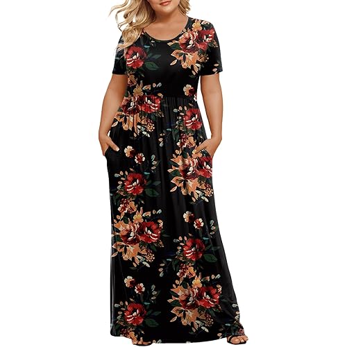 LONGYUAN Women's Plus Size Maxi Dresses for Curvy Women Summer Short Sleeve Casual 2026 Long Dress XL-6XL