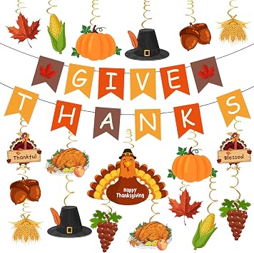 Thanksgiving Decorations, Pre-Assembled GIVE THANKS Banner and Hanging Swirls, Thanksgiving Decor for Indoor Classroom Office Home, Fall Party Decoration Supplies