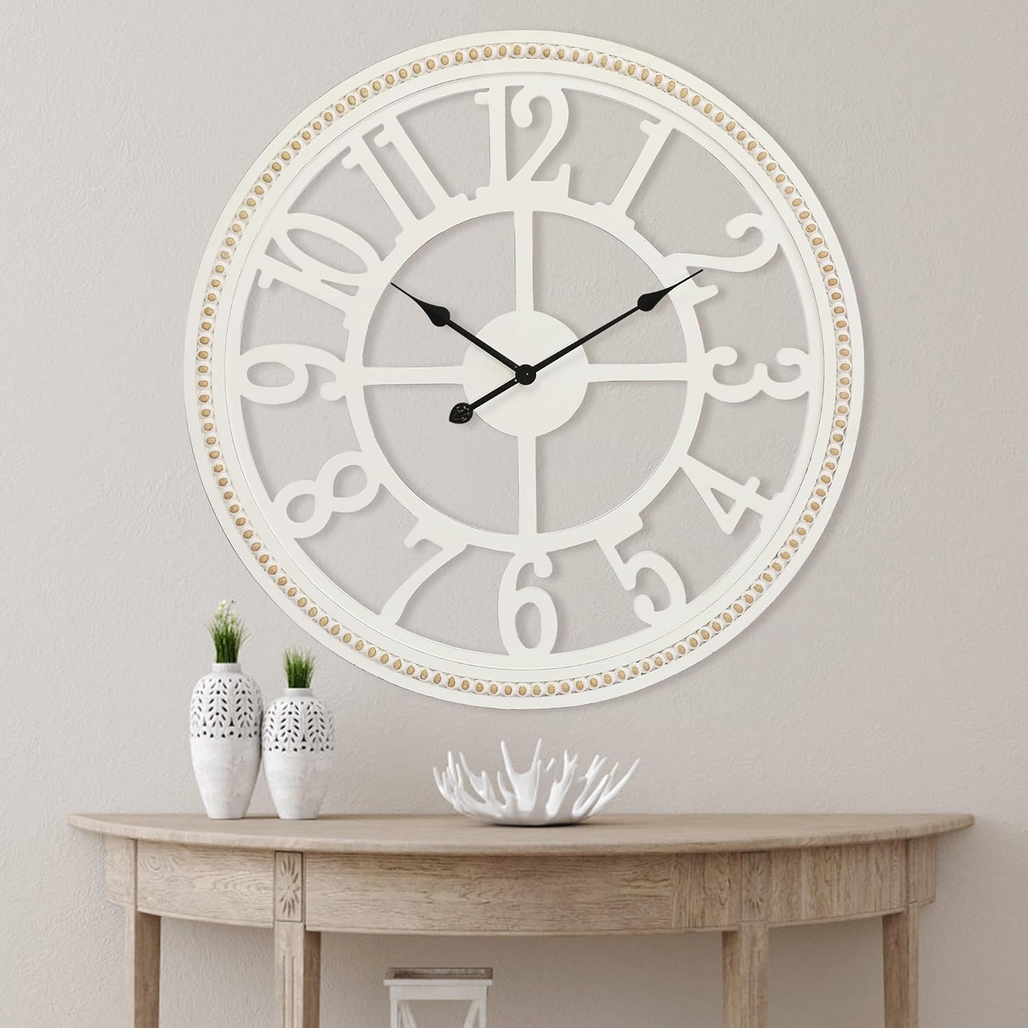 RiteSune Farmhouse Wall Clock 30 Inch, Large Wall Clock with Boho Beads, Wooden Silent Wall Clocks Battery Operated Easy Read, Clocks for Wall Decor