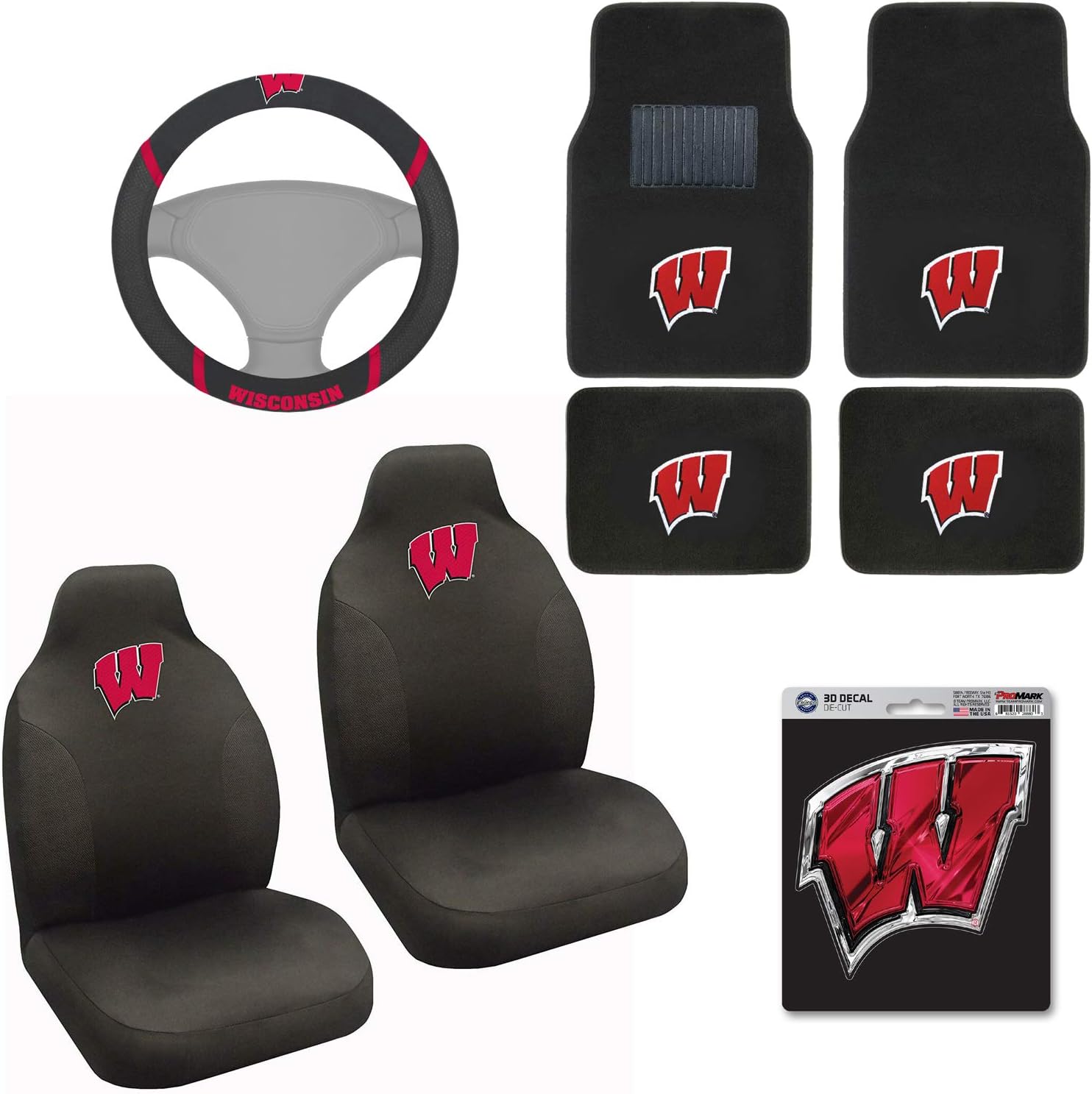 AAC FANMATS NCAA Carpet Floor Mats Bundle with Seat Covers, 3D Decal Sticker and Steering Wheel Cover for Wisconsin Badgers Fans Officially Licensed(8 Items)