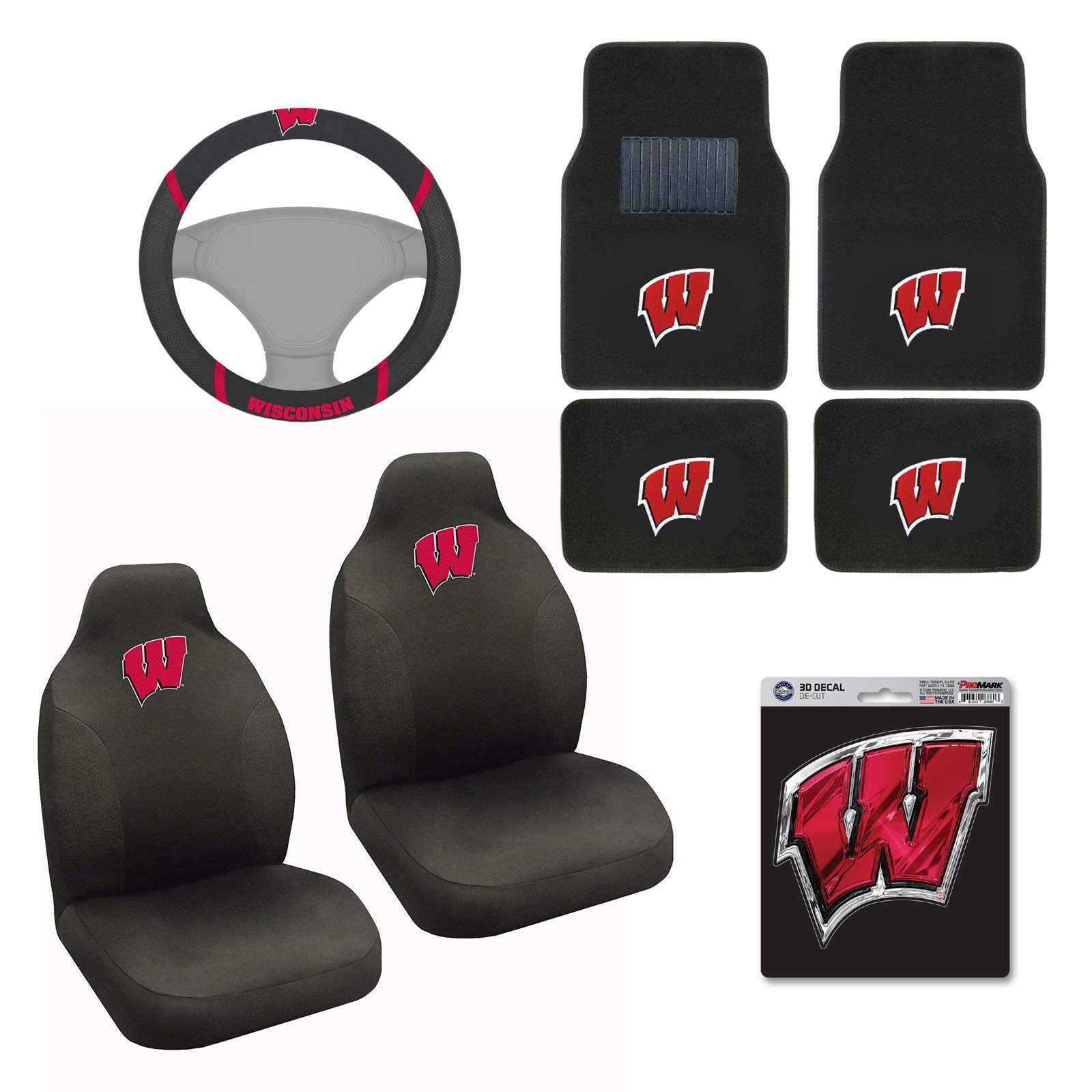 AAC FANMATS NCAA Carpet Floor Mats Bundle with Seat Covers, 3D Decal Sticker and Steering Wheel Cover for Wisconsin Badgers Fans Officially Licensed(8 Items)