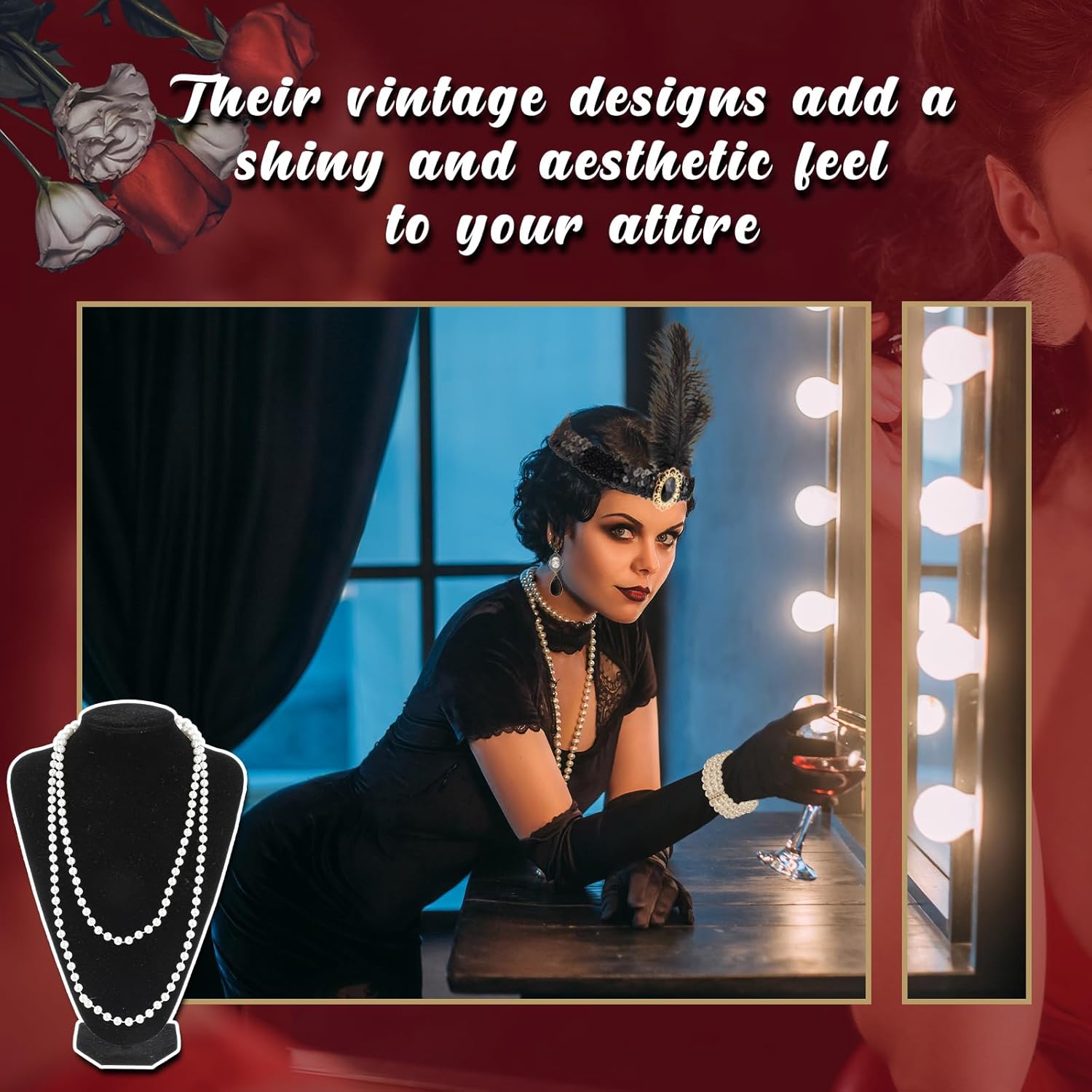 36 Pcs Halloween 1920s Flapper Accessories Set Costume Headpiece Bulk 20's Theme Party with Headband Pearl Bead Necklaces for Women Wedding Costume Tea - Image 4