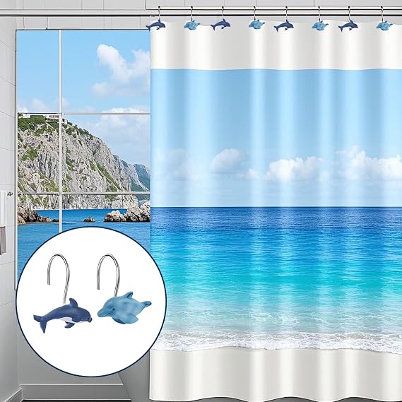 12 PCS Dolphins Shower Curtain Hooks Nautical Shower Curtain Hooks Shower Curtain Rings Rust Proof Beach Theme Bathroom Decor for Bathroom Bedroom Baby Living Room, Kids Bathroom Decor