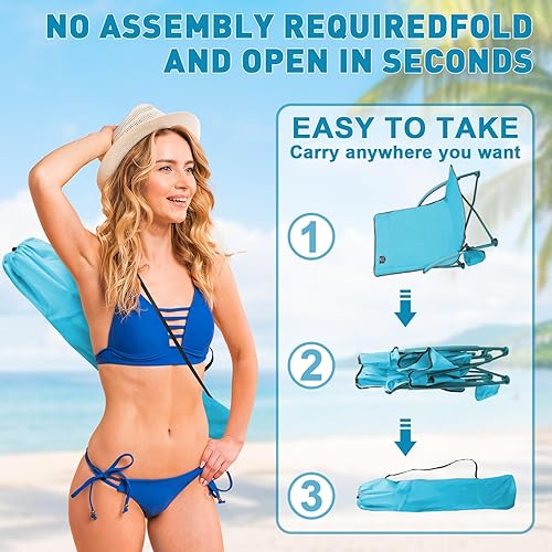 Miniatura 5 de Paquete de 2 sillas bajas de playa, sillas reclinables plegables para adultos, sillas de camping ligeras de asiento bajo con soporte para tazas,