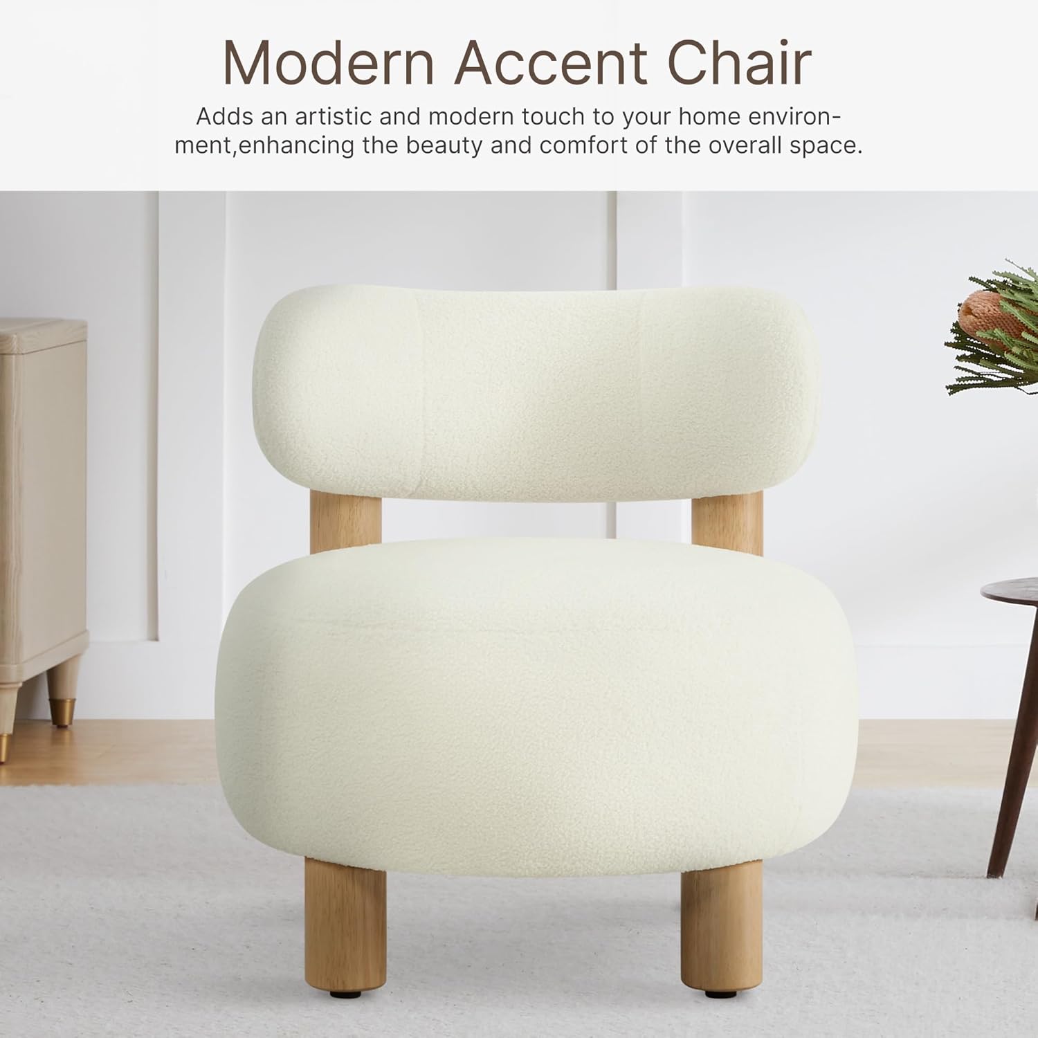 Modern Boucle Accent Chair, with Plush Faux Sherpa Upholstery, Curved Backrest, Solid Wood Legs for Living Room Bedroom Reading Nook, 27.5", White