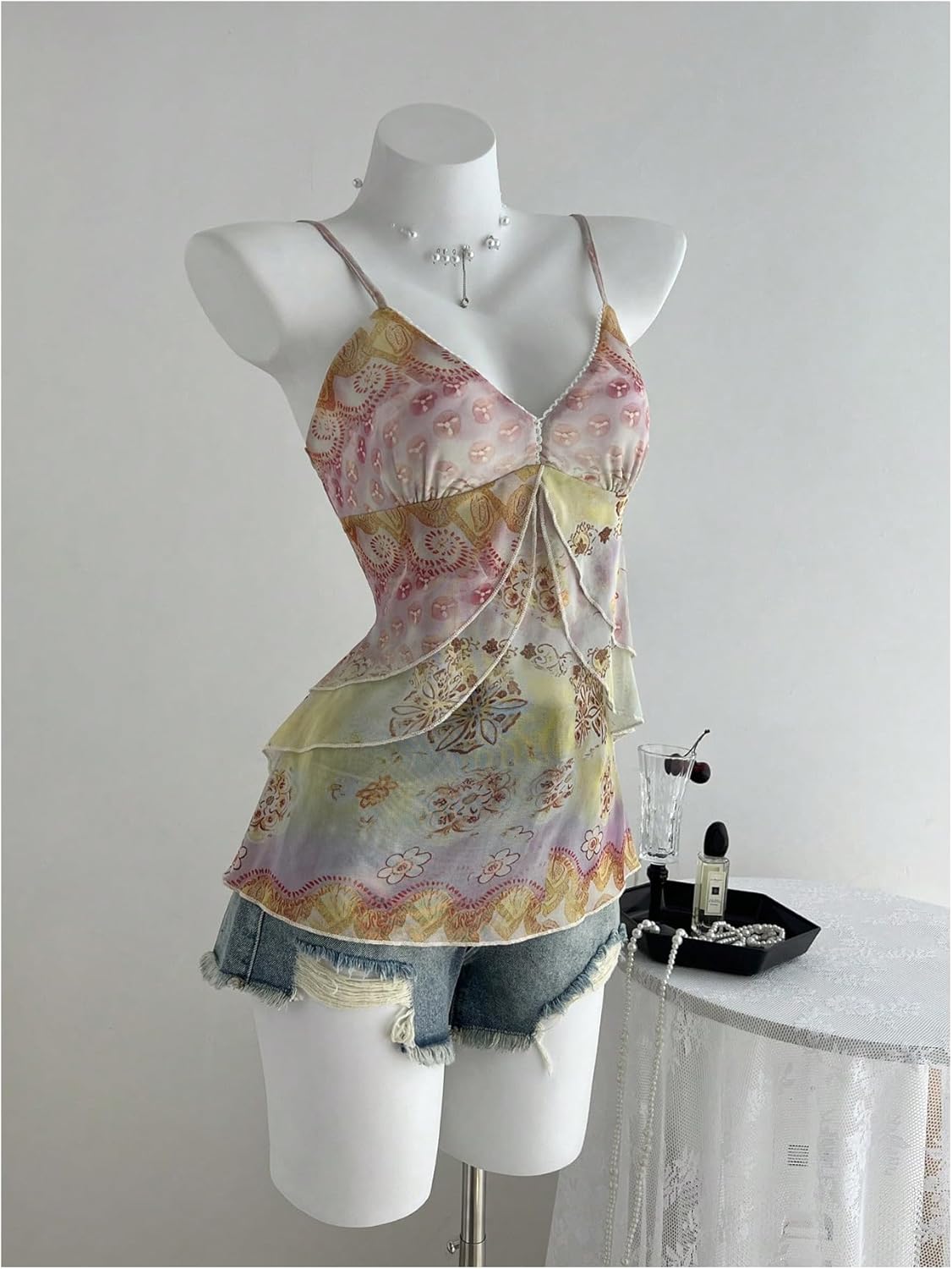 Verdusa Women's Y2k Mesh Tank Top Babydoll Floral Camisole 2000s Clothing Ruffle Going Out Tops - Image 3