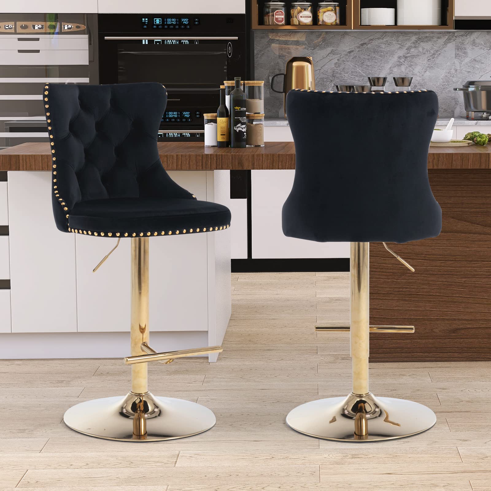 SoarFlash Velvet Bar Stool Set of 2, Adjustable Swivel Bar Stools with Gold Plated Metal Leg, Button Tufted, Footrest, Chrome Nailhead, Counter Height
