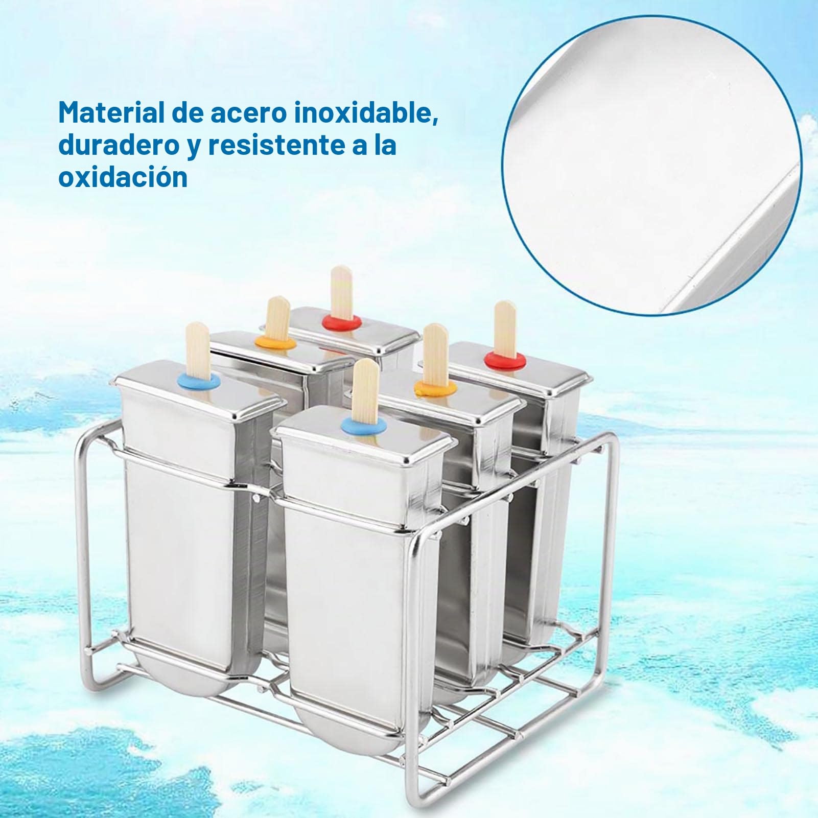 Molde para helados, molde para polos de acero inoxidable con base de apoyo, 6 moldes de punta redonda reutilizables, con 50 palitos de helado, 20 bolsas de helado, 1 pincel | Incluye base de apoyo, 50 palitos, 20 bolsas y 1 pincel, juego reutilizable para
