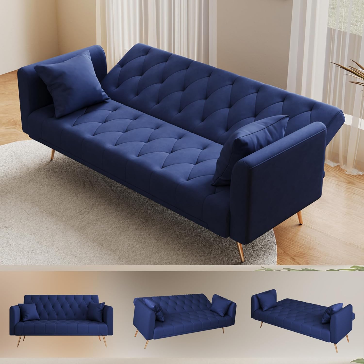 Anwick 72" Modern Velvet Sofa Bed Futon,Convertible Folding Sleeper Bed Couches with 3 Adjustable Backrests,Tufted Recliner Loveseat with Golden Chrome Legs for Small Living Room Office (Blue)