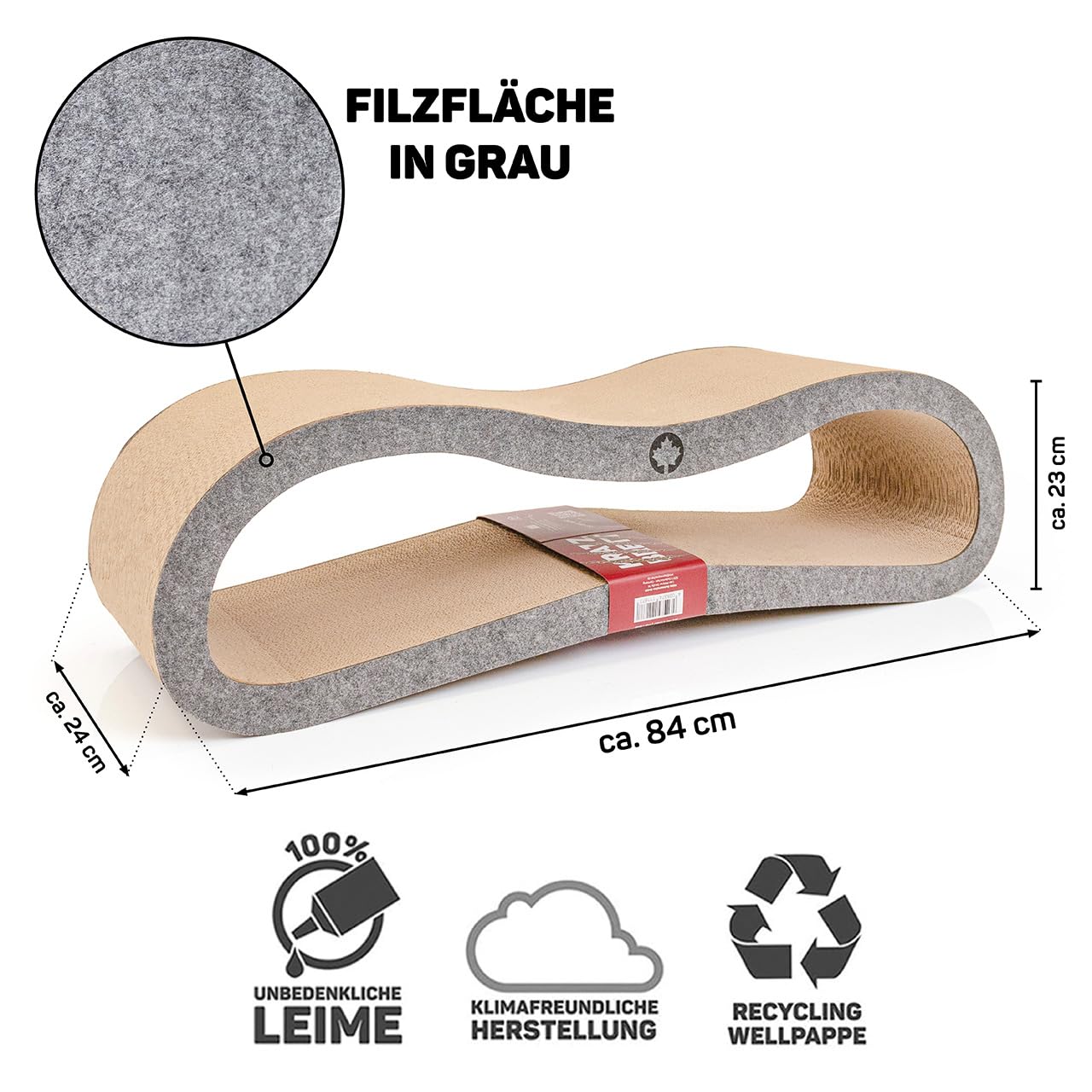 CanadianCat Company | Kratzbrett Orbit 2.0 mit Filz-Front - Kratzmöbel aus Wellpappe inkl. Katzenminze - große Kratzfläche für Katzen - Krallenpflege & Möbelschutz - ca. 84 x 24 x 23 cm