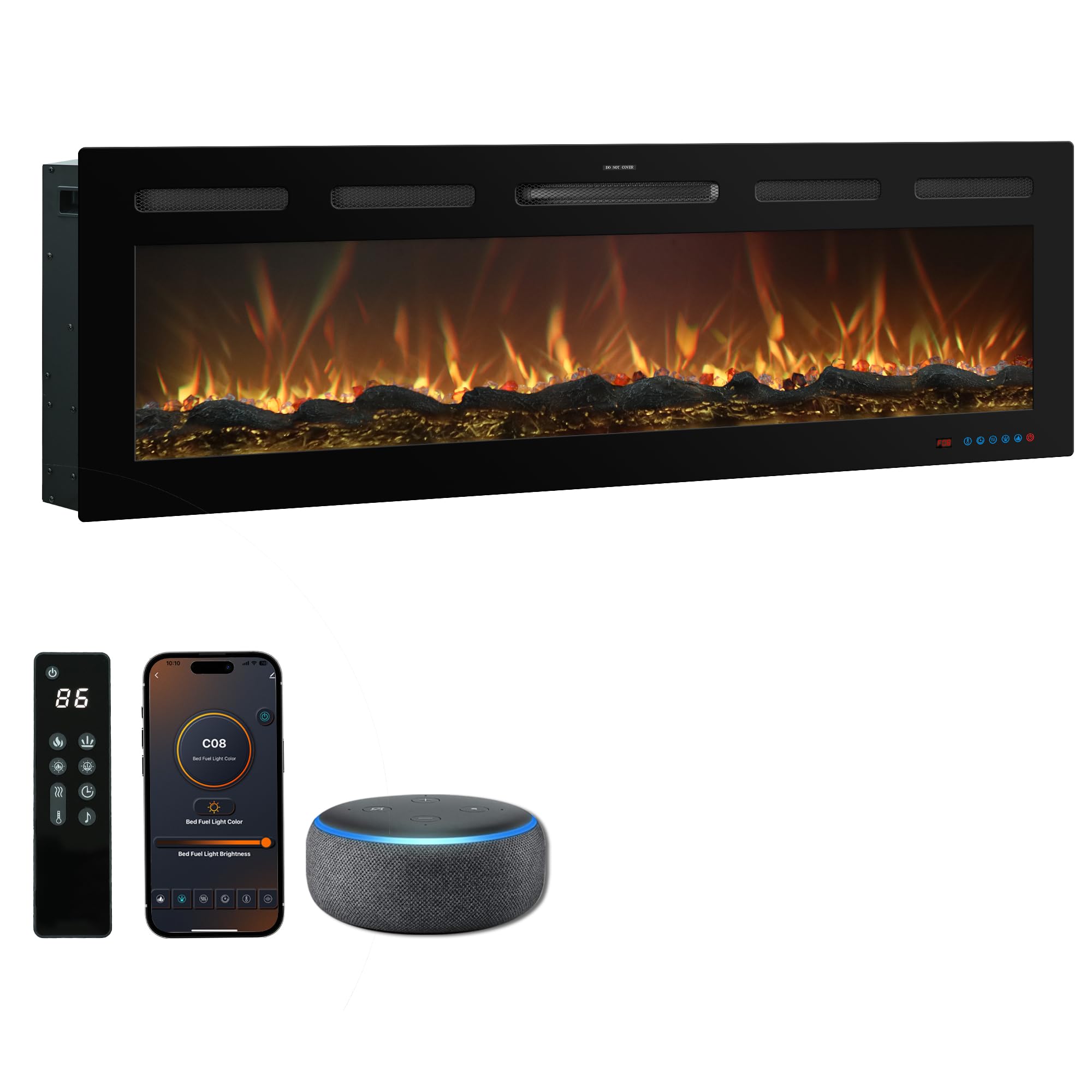 60 Inch WiFi Electric Fireplace Heater with Sound, Wall Mounted, Recessed or Free?Standing, 750/1500W, 13 Flame & Fuel Bed Colors, Dimmable, Remote & App Control, Alexa & Google Home