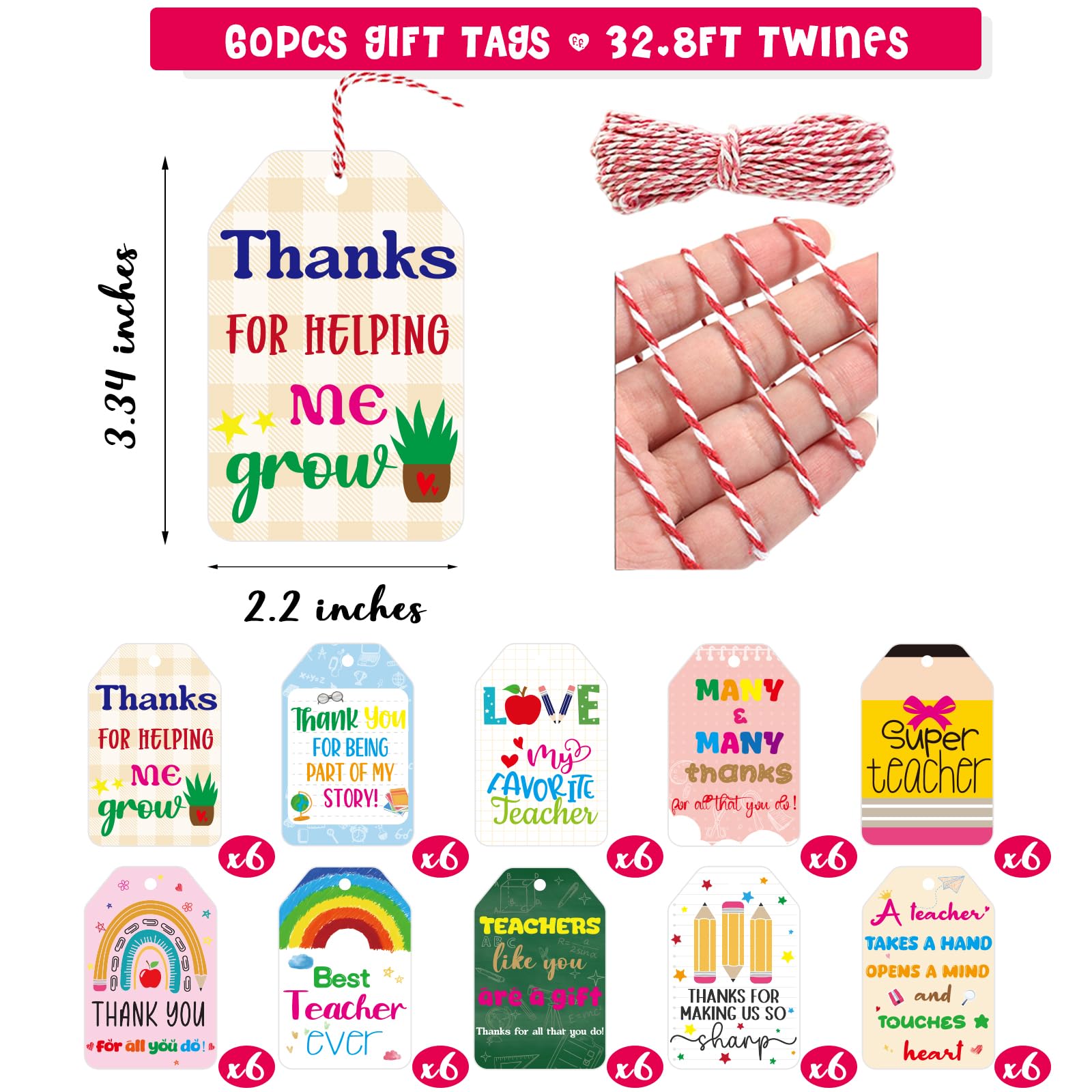 Teacher Appreciation Gift Tags Thank You Teacher Appreciation Week Gift Labels 60Pcs End of Year Students Thankful Labels with String Hanging Graduation School Party Supplies
