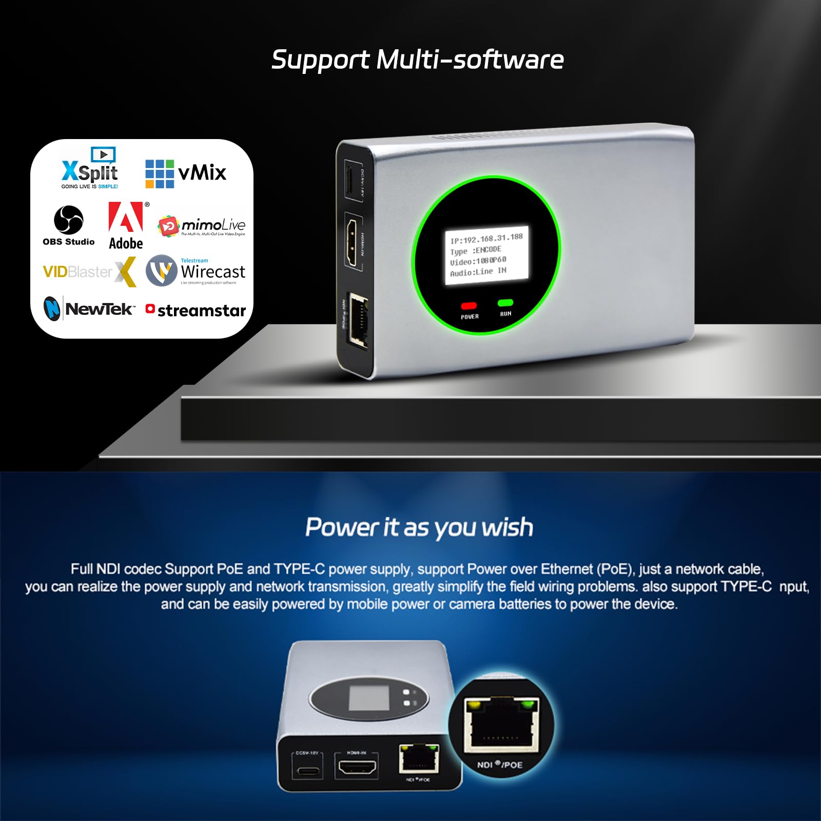 Decodificador completo NDI, 1080P@60 HDMI a NDI completo, NDI a HDMI, convertidor de video NDI con bucle HDMI, control PTZ de luz de conteo para transmisión en vivo, programa de televisión y