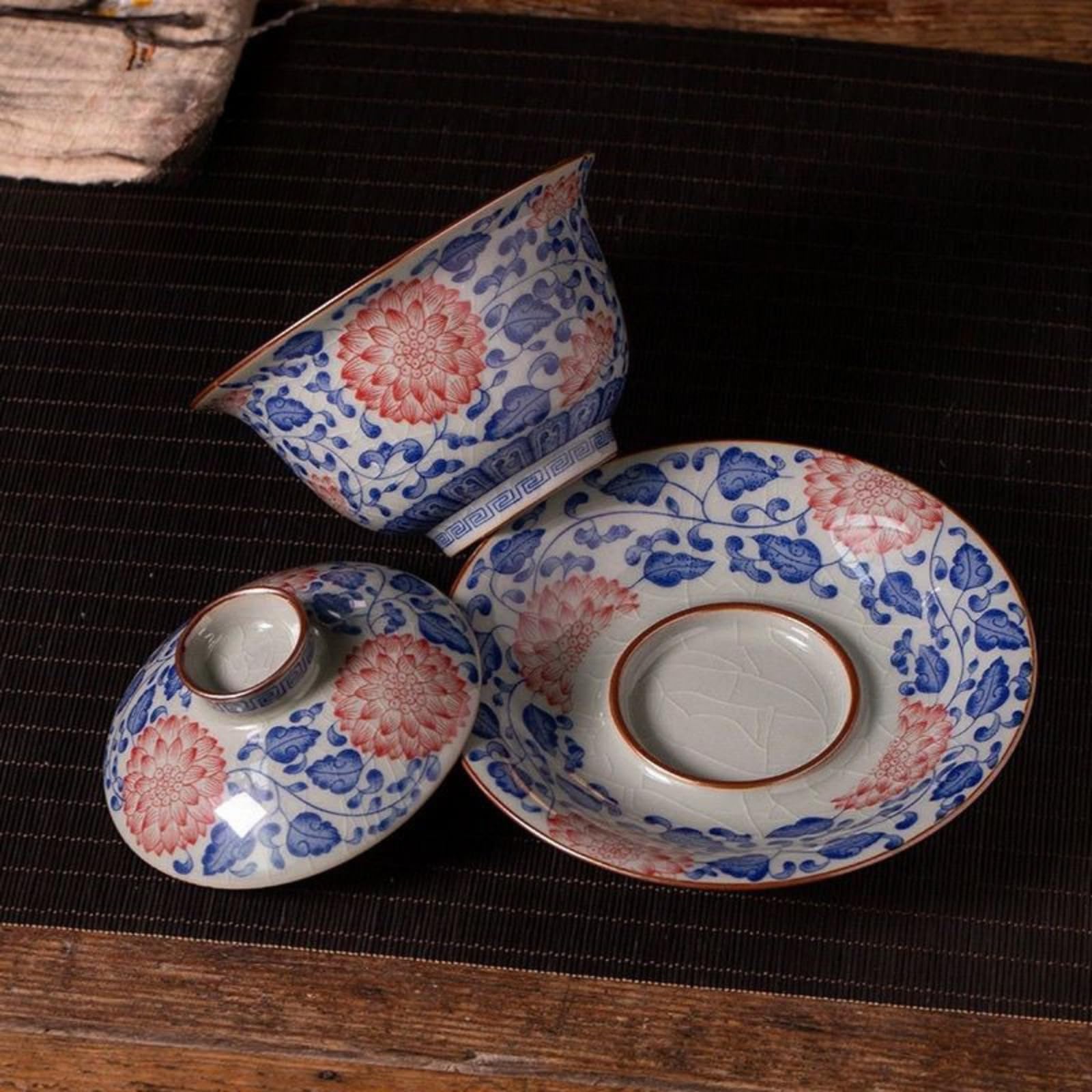 Jingdezhen Ceramiczny Gaiwan, 200 ml, niebieski i biały spleciony lotos Kung Fu zestaw do herbaty żaroodporna miska do herbaty