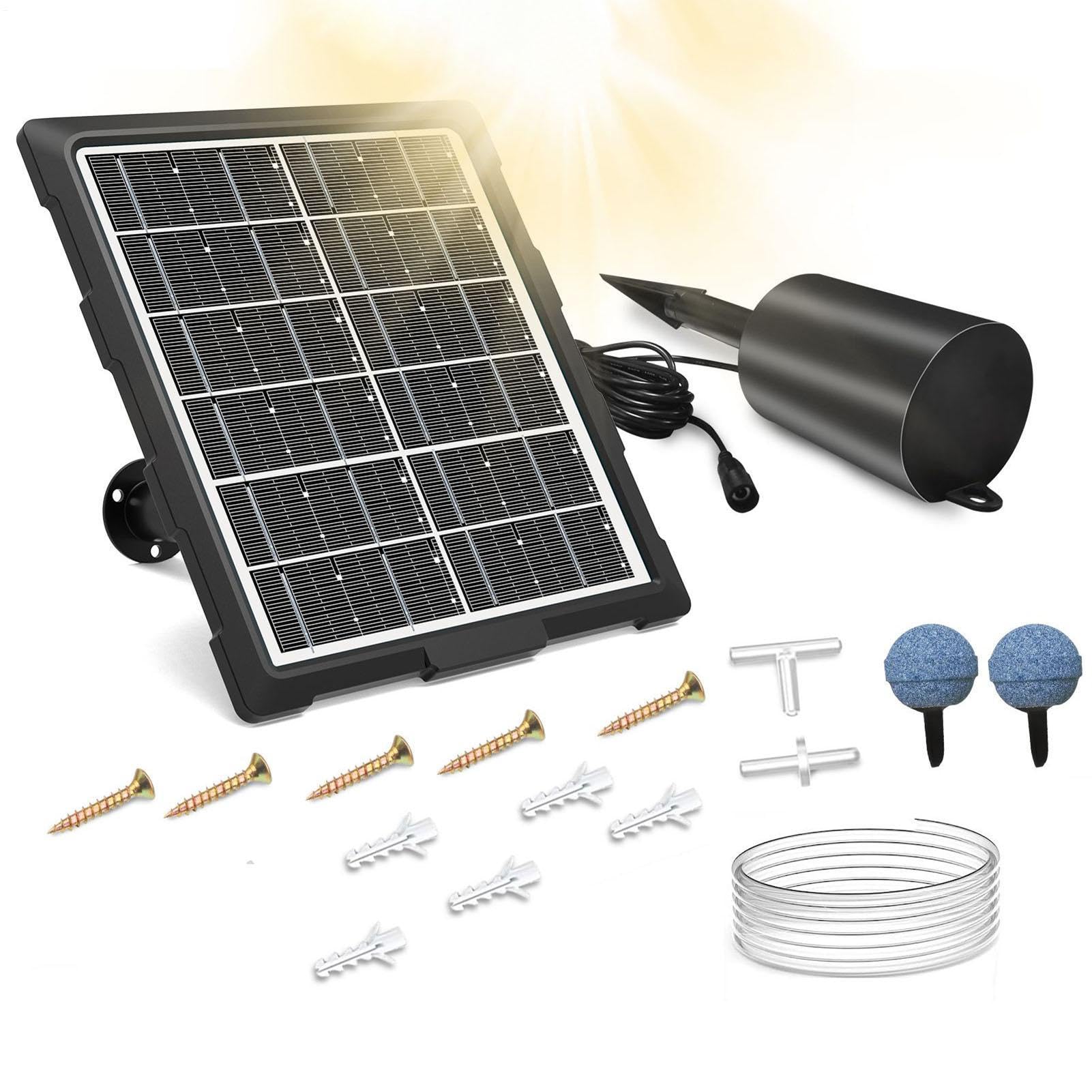 Teichbelüfter für Außenbereich Solar Aquarium Luftpumpe | 3 Arbeitsmodi, Wasserdichter Belüfter mit Schlauch und Luftausströmerstein für Fischbehälter