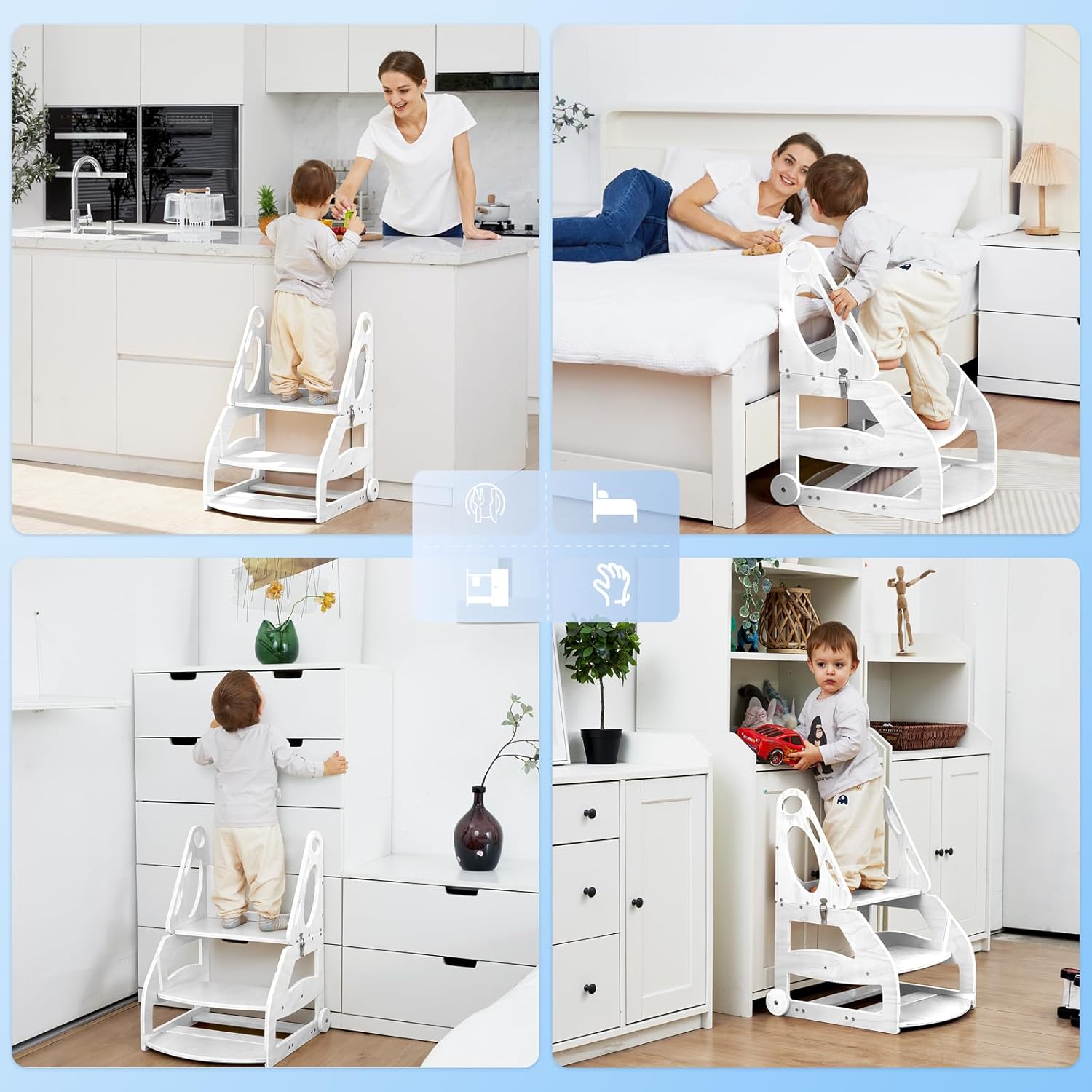 NeoBorn Toddler Step Stool, 2 in 1 Wooden Step Stool for Toddler, Adjustable Toddler Step Stool with Handles and Wheels, Convertible Kids Table and Stool Set, White