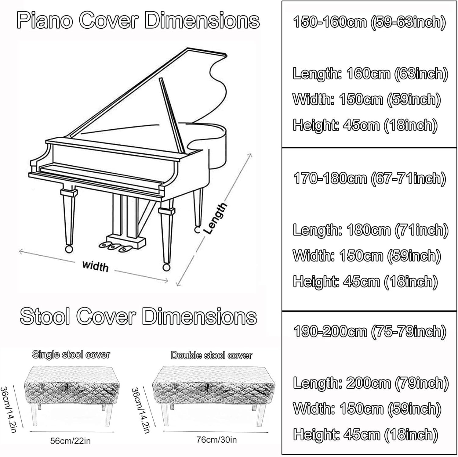 Copertura in pelle per pianoforte a coda – Copertura impermeabile per pianoforte a coda e sgabello per bambini, per protezione solare, adatta a 200 cm