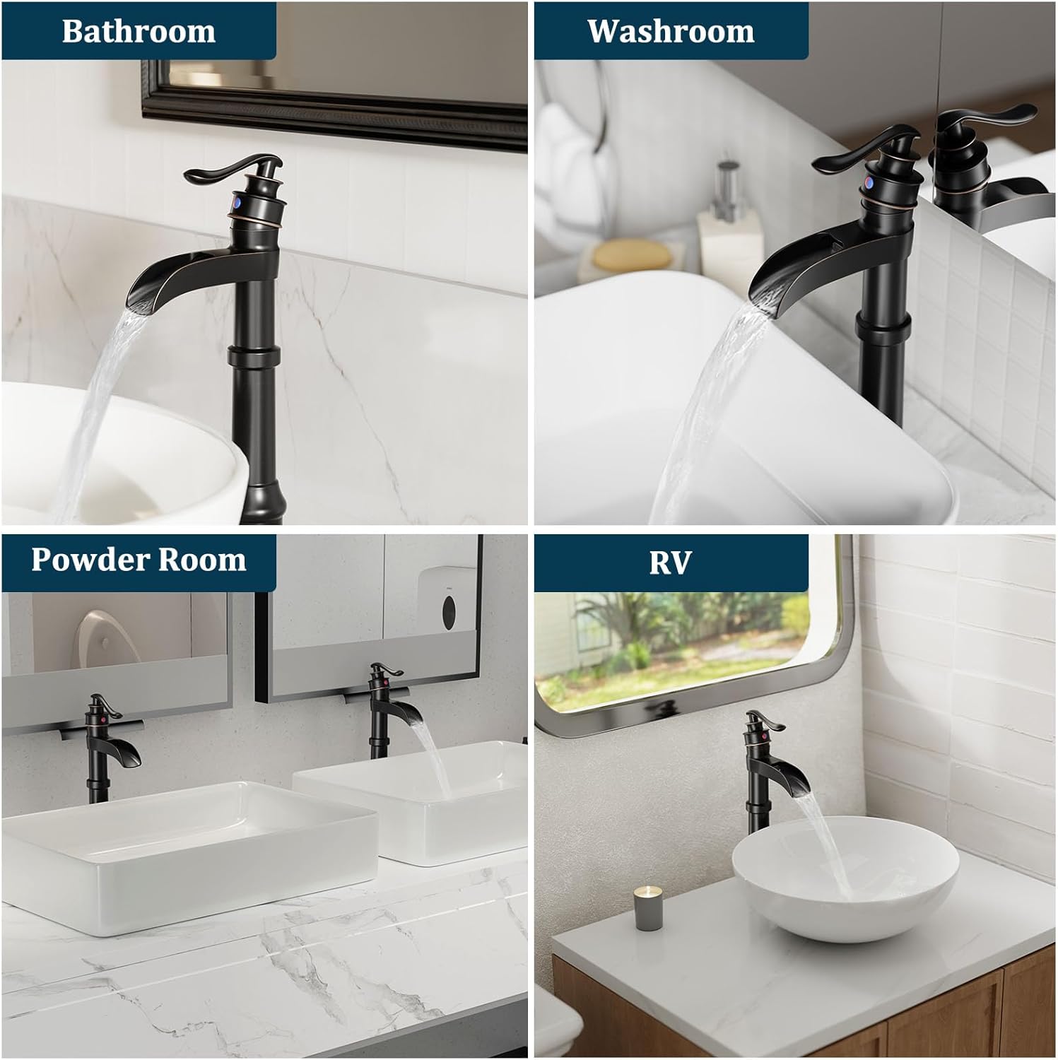 Oil Rubbed Bronze Vessel Sink Faucet, Brass Waterfall Tall Bathroom Faucet Single Handle Bathroom Sink Faucets Single Hole with Pop Up Drain and Supply Hoses Mixer Tap Deck Mount