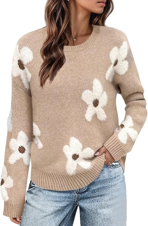 Flamingals Women's Sweaters 2026 Crew Neck Long Sleeve Drop Shoulder Kintted Pullover Sweaters Dressy Casual Tops