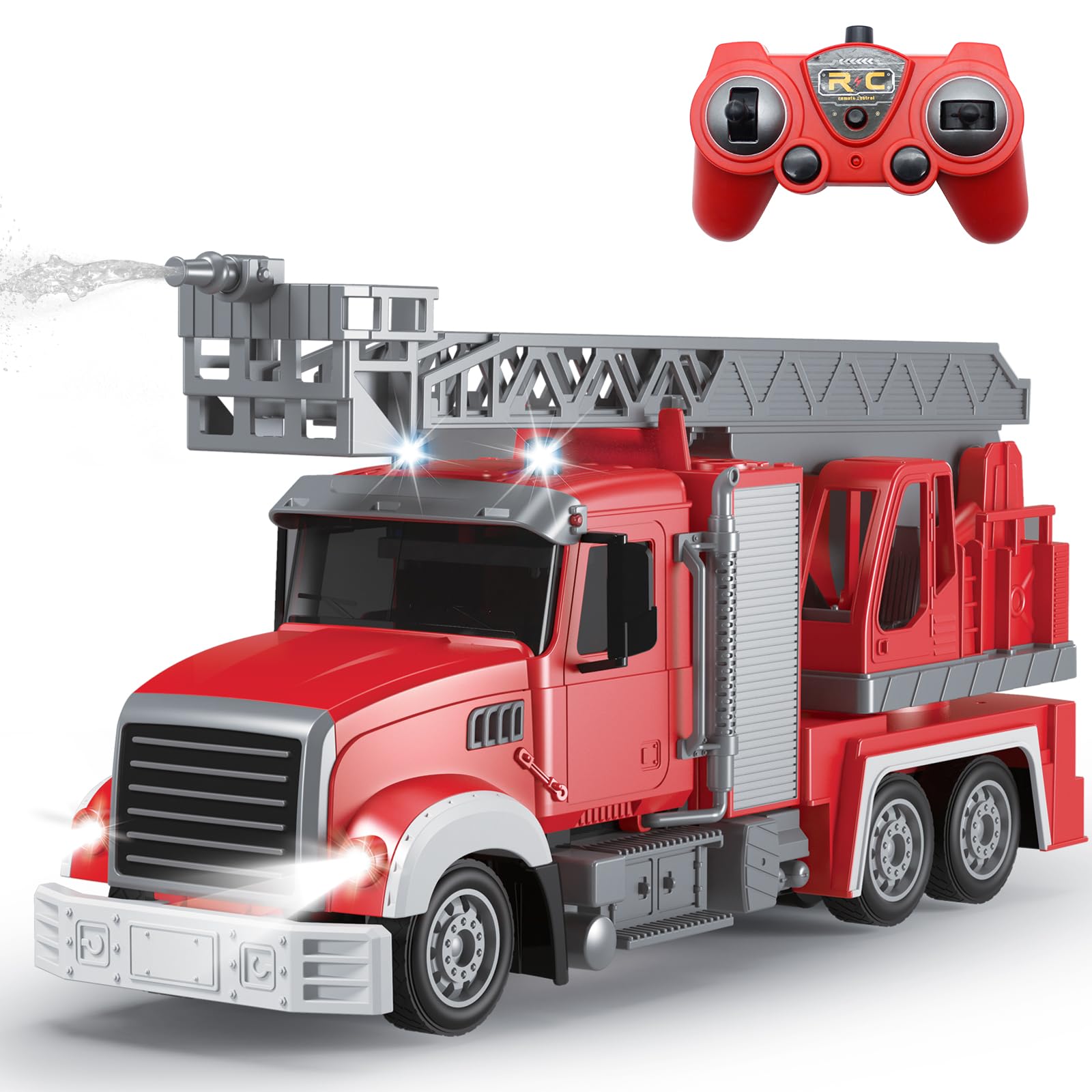 Bonikita RC Fire Engine Toys, Large Fire Truck with Sound Effects, Ladder, and Water Spray Function, Gift for Boys and Girls Aged 3-8