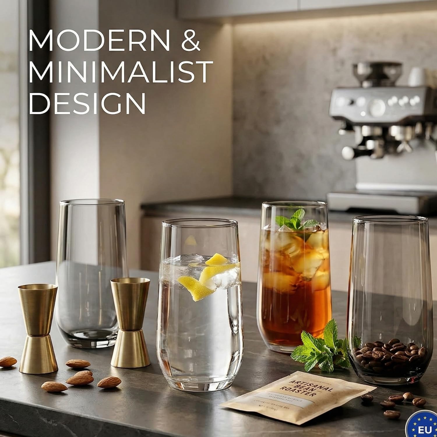 Smokey Sand Drinking Glasses Set of 6 | Translucent Brown Glassware | 16 oz Brown Glass Cups | Highball Drinkware for Cocktails, Long Drink, Mojito, Juice, Soda | Modern Tortoise Drinkware