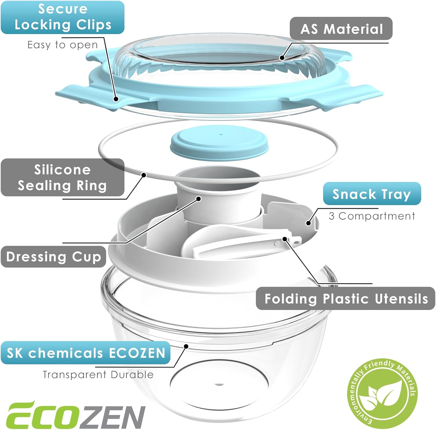 WHALEHOUSE 2-Pack 33 OZ Clear Eco-friendly SK chemicals ECOZEN Salad Container Sets, Portable Plastic Salad Bowls with Lid, Leak-Proof Dressing Container, Bento Lunch Box for Meal Prep & Food Storage