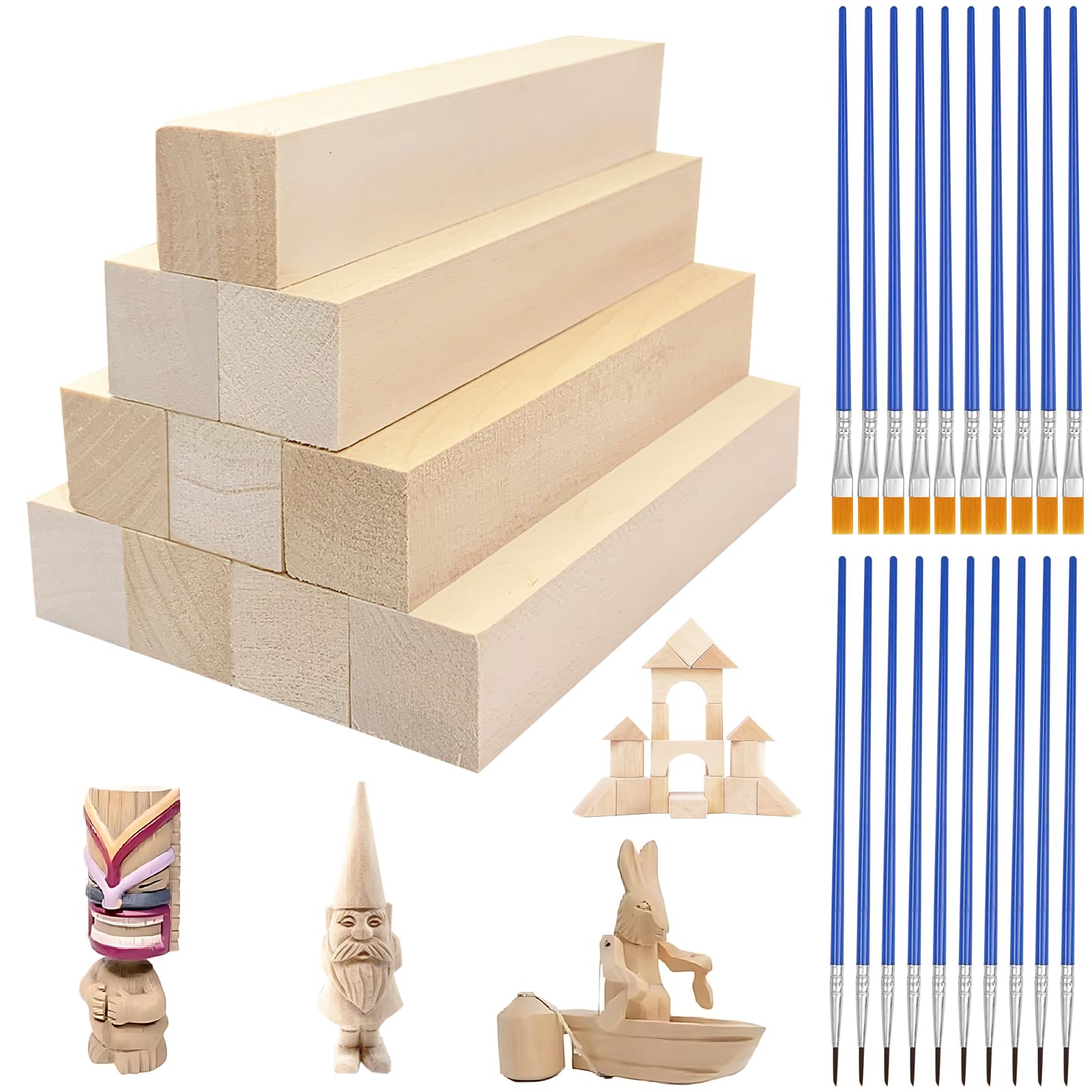 12 Pieces Linden Wood Blocks, 12.5x2.5x2.5 cm Hand-Carved Wood