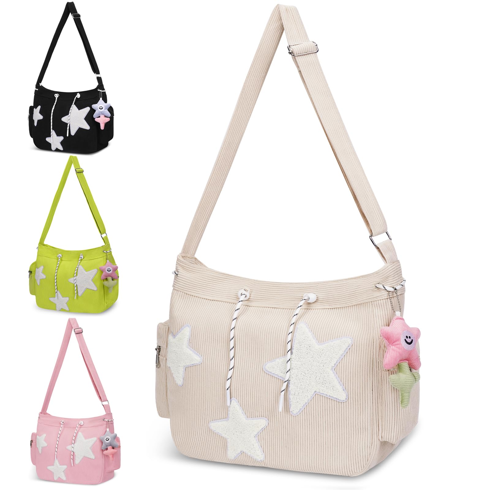 Cute Tote Bag for Women, Aesthetic Canvas Crossbody Bag Y2k Star Hobo Shoulder Purse Kawaii Zipper Messenger Bag